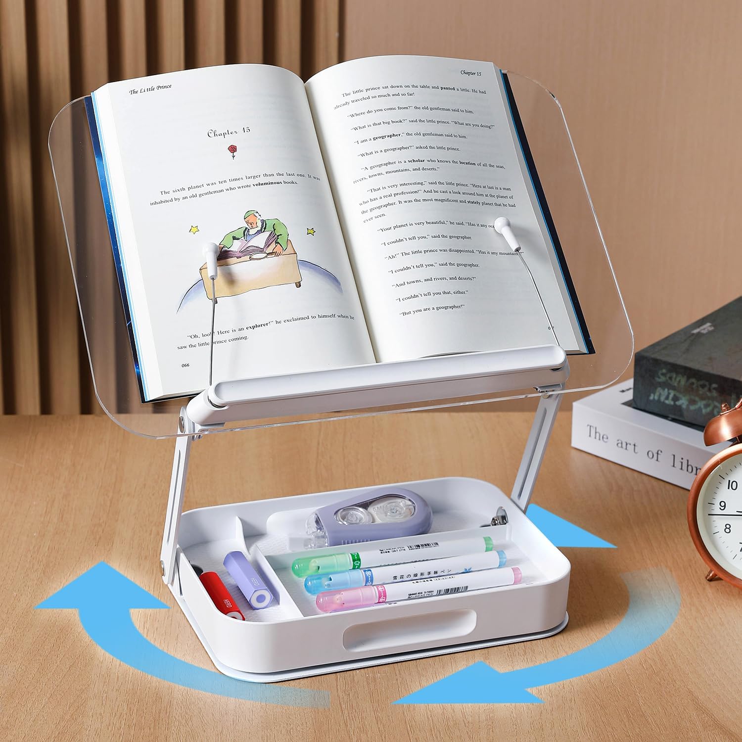 ZOEY Acrylic Book Stand for Reading Adjustable Book Holder with 360 Rotating Base and Storage Foldable Desktop Riser Stand for Cookbook Laptop Tablet Textbook Music Score with Page Clip 13.4x9.3x2.8in