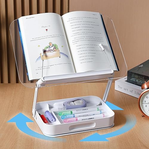 ZOEY Soporte acrílico para libros de lectura, soporte ajustable para libros con base giratoria de 360 grados y soporte elevador plegable de