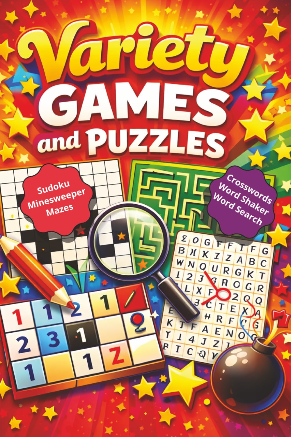 Variety Games & Puzzles - Minesweeper, Sudoku, Word Search, Crosswords, and Mazes: Easy-to-Read Puzzles | 6x9 inches | Lots of puzzles! Ideal for rides, traveling, or as a gift or stocking stuffer