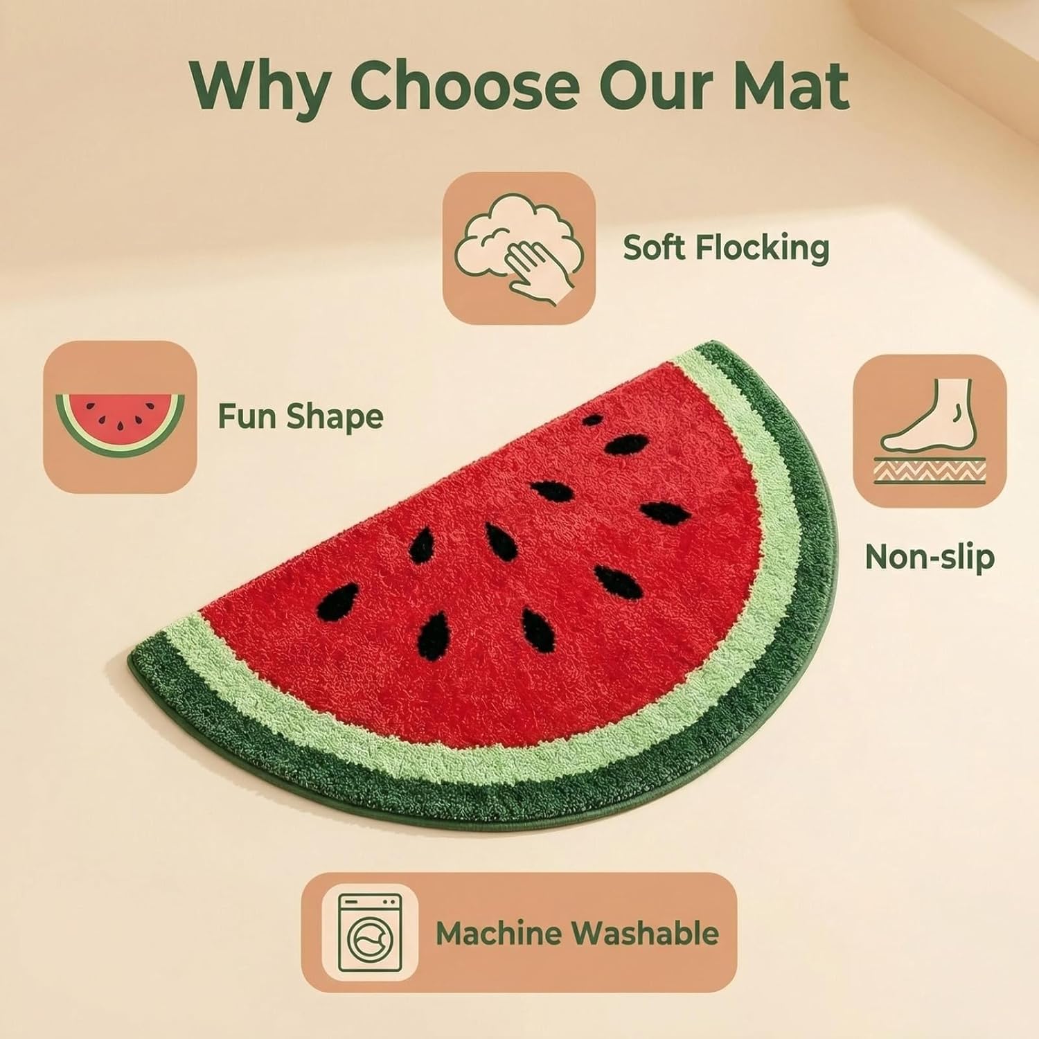 19.7x31.5 inch Half Round Microfiber Soft Watermelon Shape Bathroom Rugs Non Slip Shag Bath Mat Rug for Kitchen Bedroom Rubber Shower for Floor Living Room Mats Water Absorbent Washable