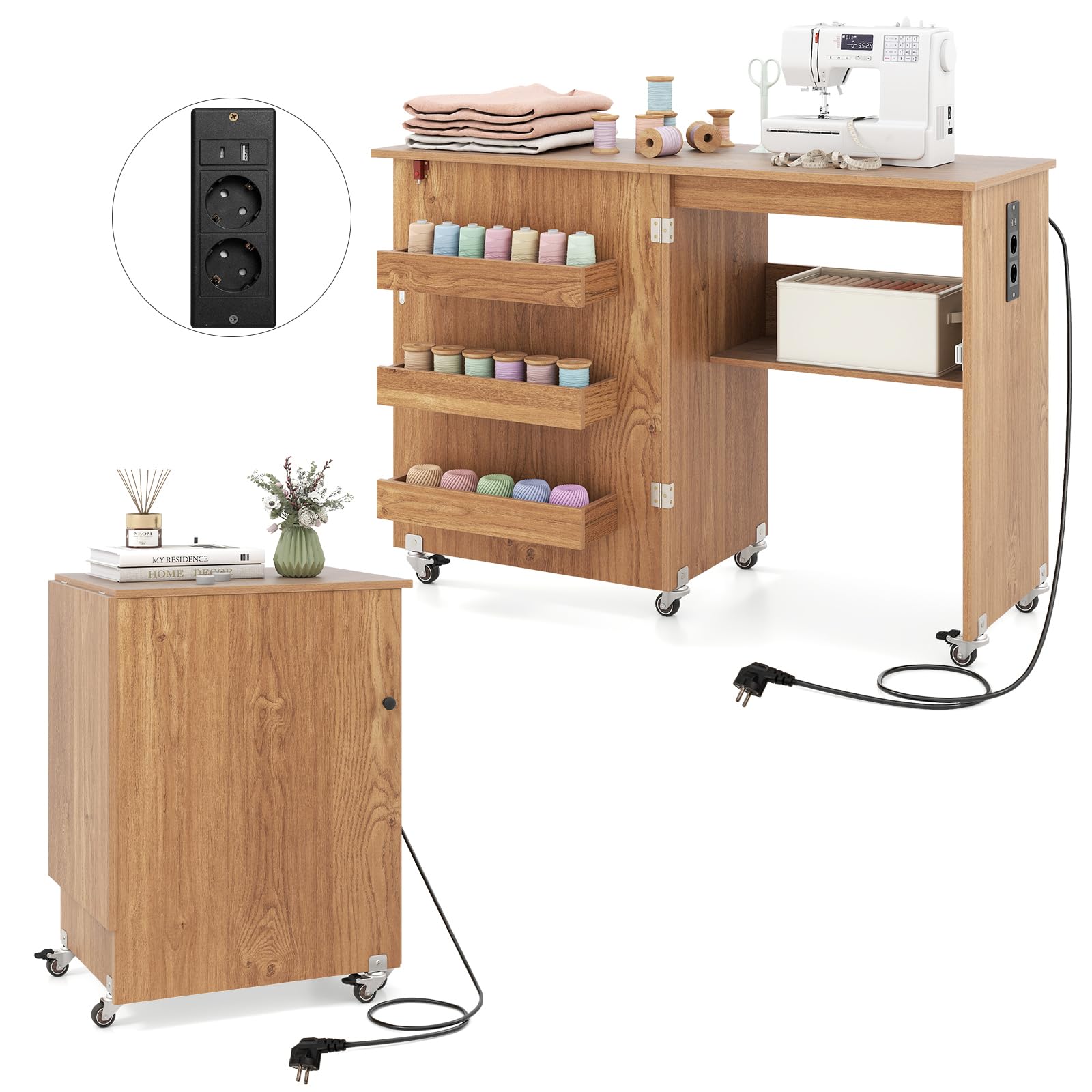 GIANTEX Table de Couture sur roulettes, Meuble Machine à Coudre, Station de Recharge, 4 Plateaux Ouvert de Rangement, Grand Plan de Travail, Meuble Couture Pliant pour Salon, Bureau, Naturel