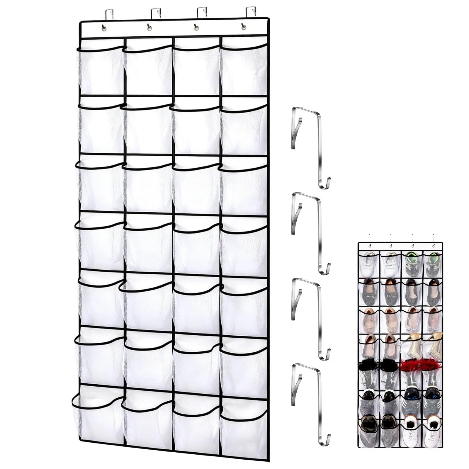 EVTHUR Over Door Shoe Storage Organiser 28 Large Mesh Pockets Hanging Shoe Rack Holder with 4 Hooks, Back of Wardrobe Door Storage Tidy for Shoes & Small Items (White)