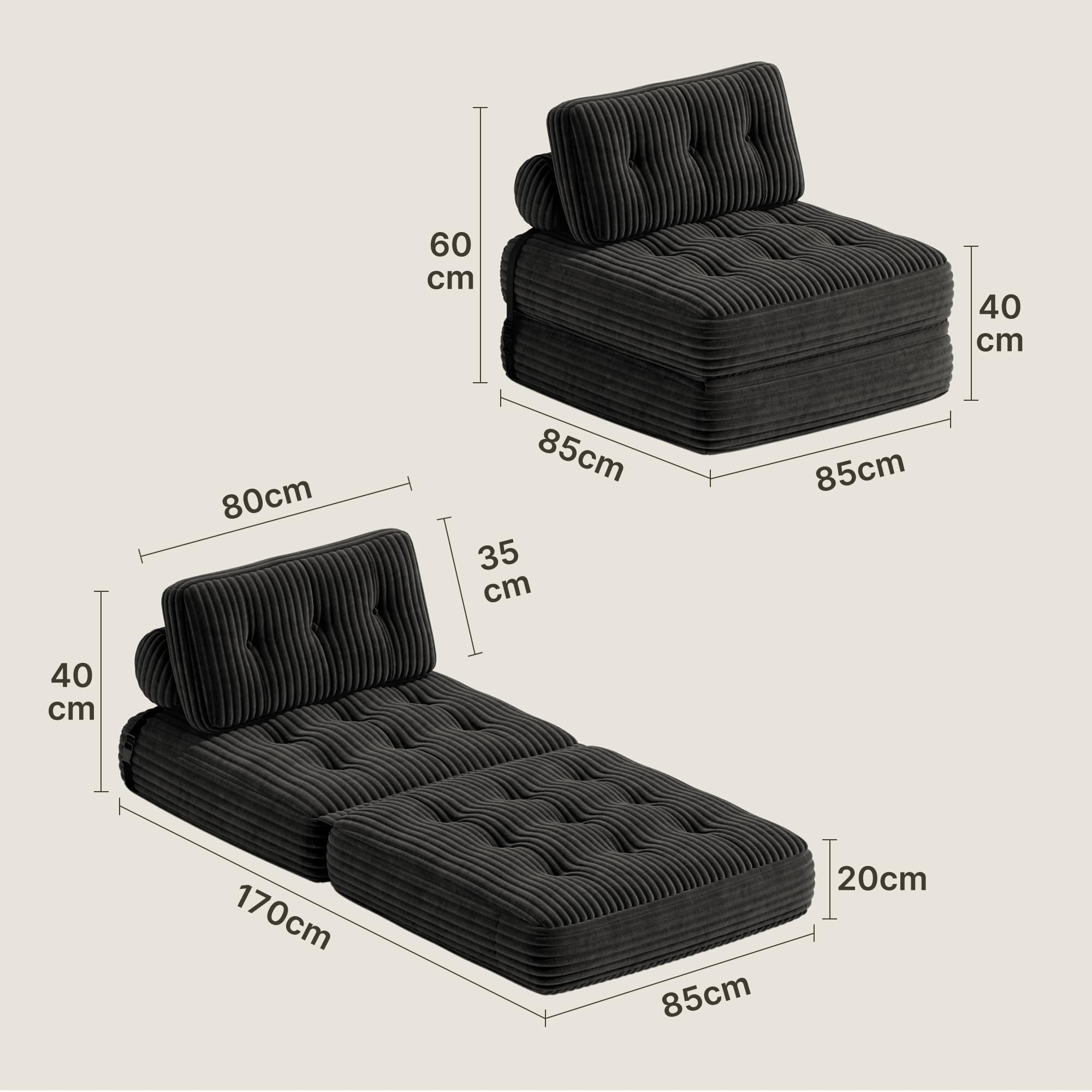 Xbro Divano Letto Singolo 2 in 1 Pieghevole in Velluto a Coste Salvaspazio, Poltrona Letto per Monolocale e Camera Ospiti, 85x170 cm, Grigio Scuro