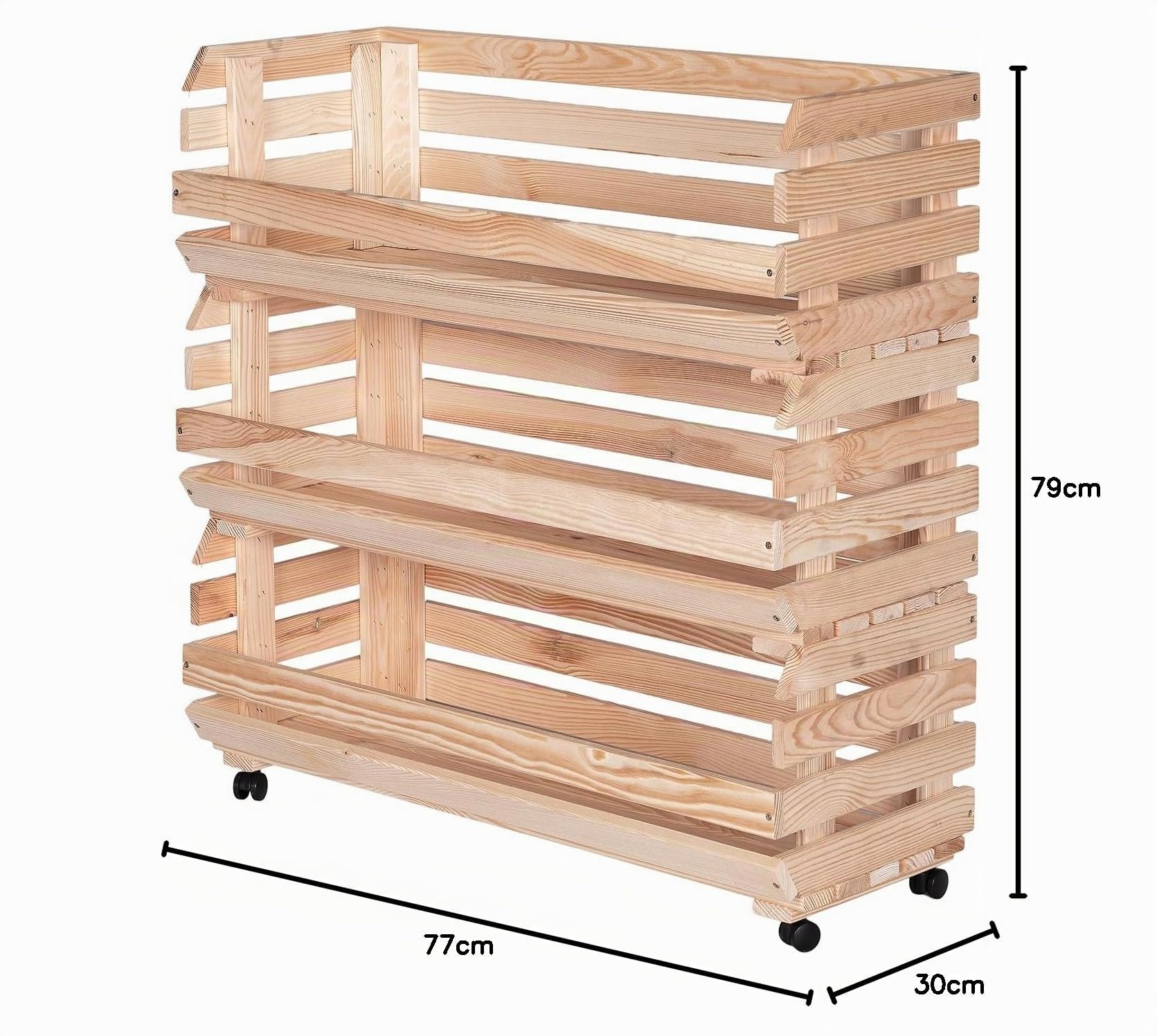 Caja de Madera para Frutas y Verduras con Ruedas 77x79x30 cm Madera Natural Estantería Cocina 3 Niveles Cestas Apilables Almacenaje Patatas Cebollas Ajo