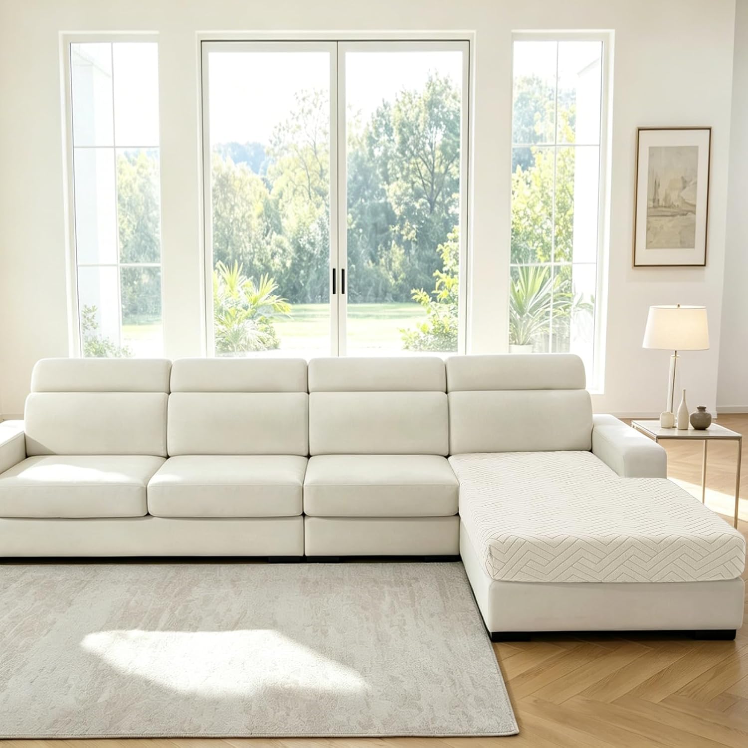 Stretch Chaise Cover for L Shaped Sofa,Sectional Couch Covers for Pets,Non Slip Sofa Seat Cover Washable,Sofa Slipcovers with Elastic Bottom,1 Piece Chaise Cover,Beige White