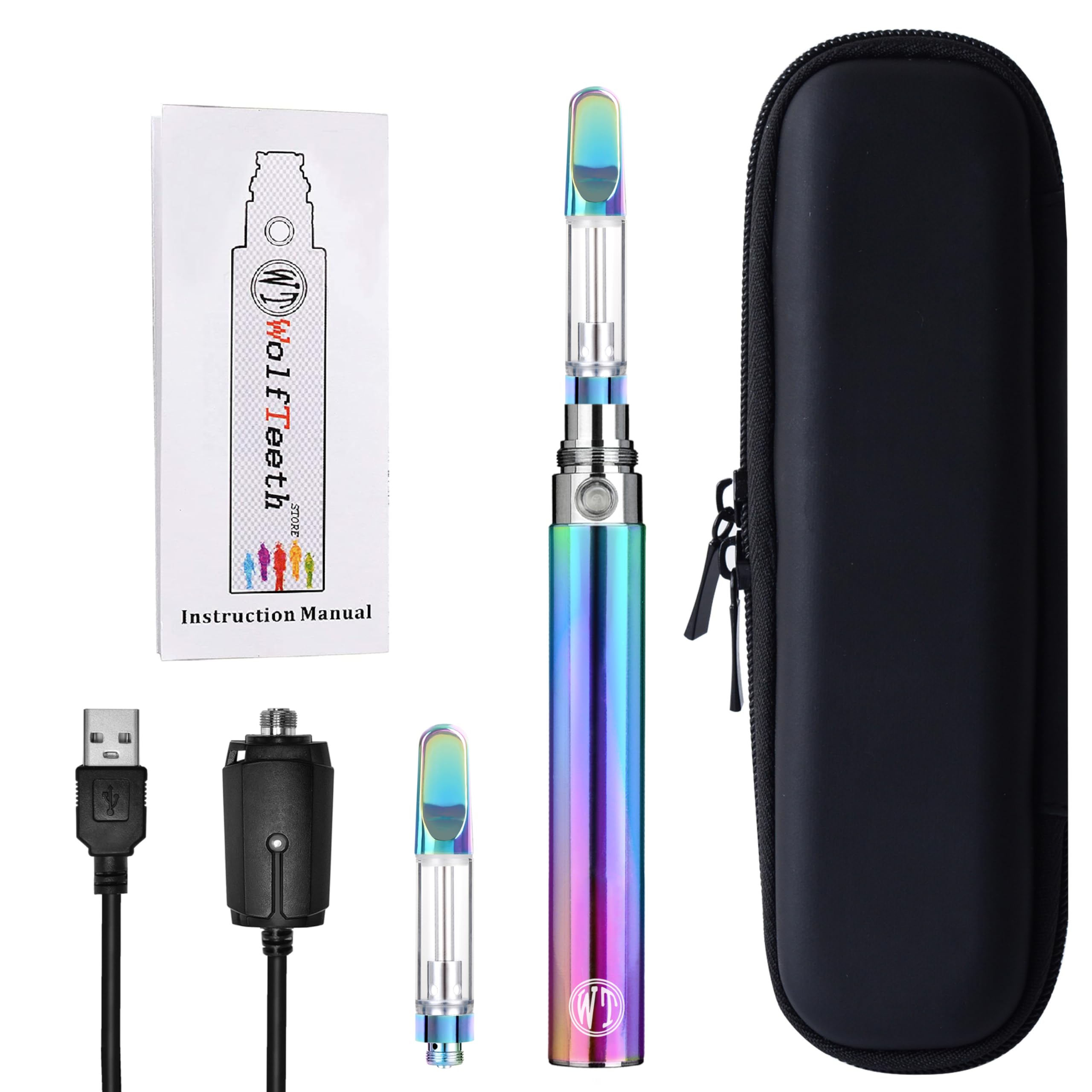 Wolfteeth E Cigarettes Vape Pen Starter Kit 1100mAh Rechargeable, CBD Type Vaping Ceramic Cartridge Ceramic Coil Pyrex Glass Pure Vapor, Rainbow