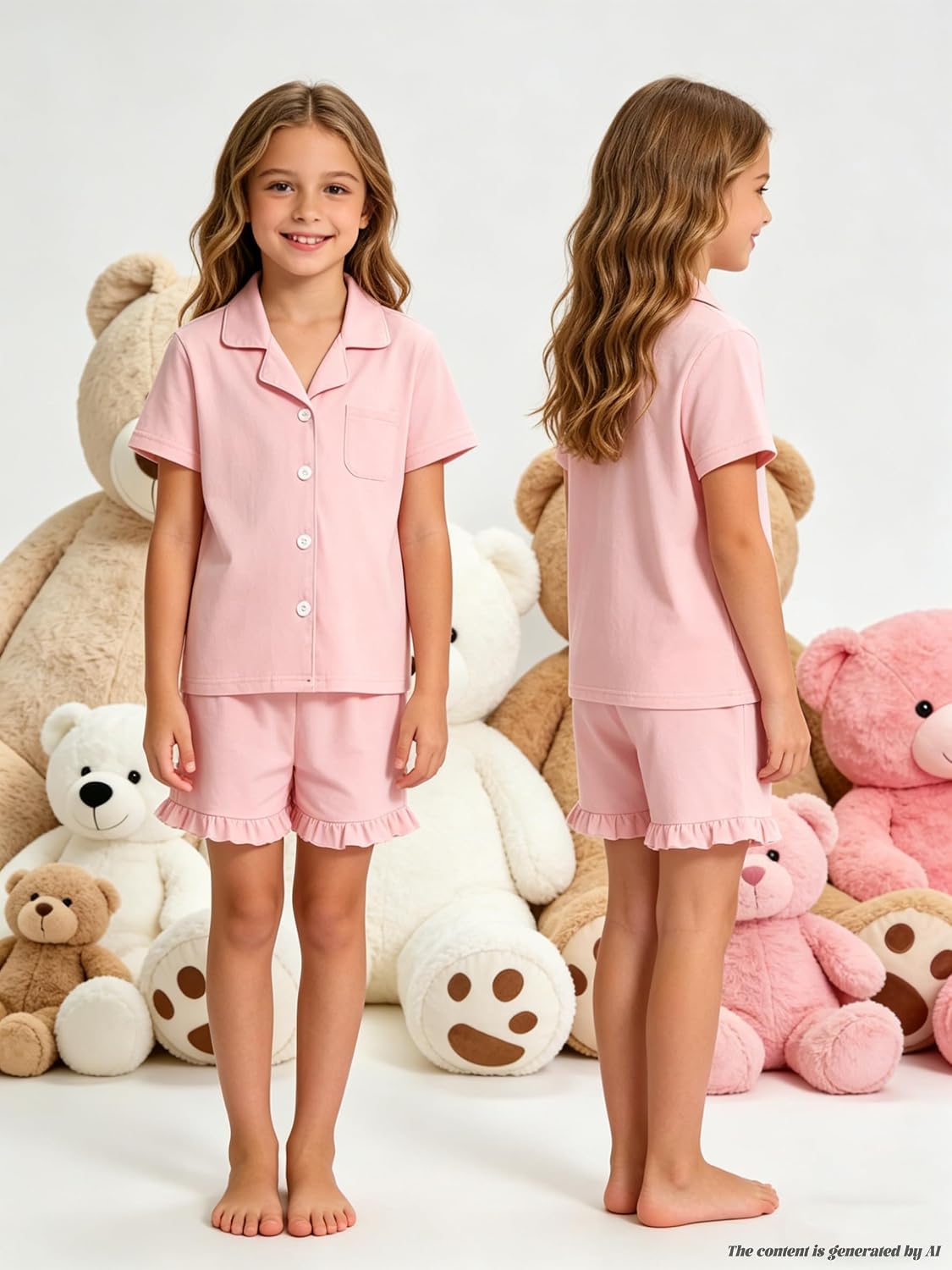 SANGTREE Girls & Women 100% Cotton Pajama Set Short Sleeve Button Down Top and Ruffle Shorts Lounge Outfits
