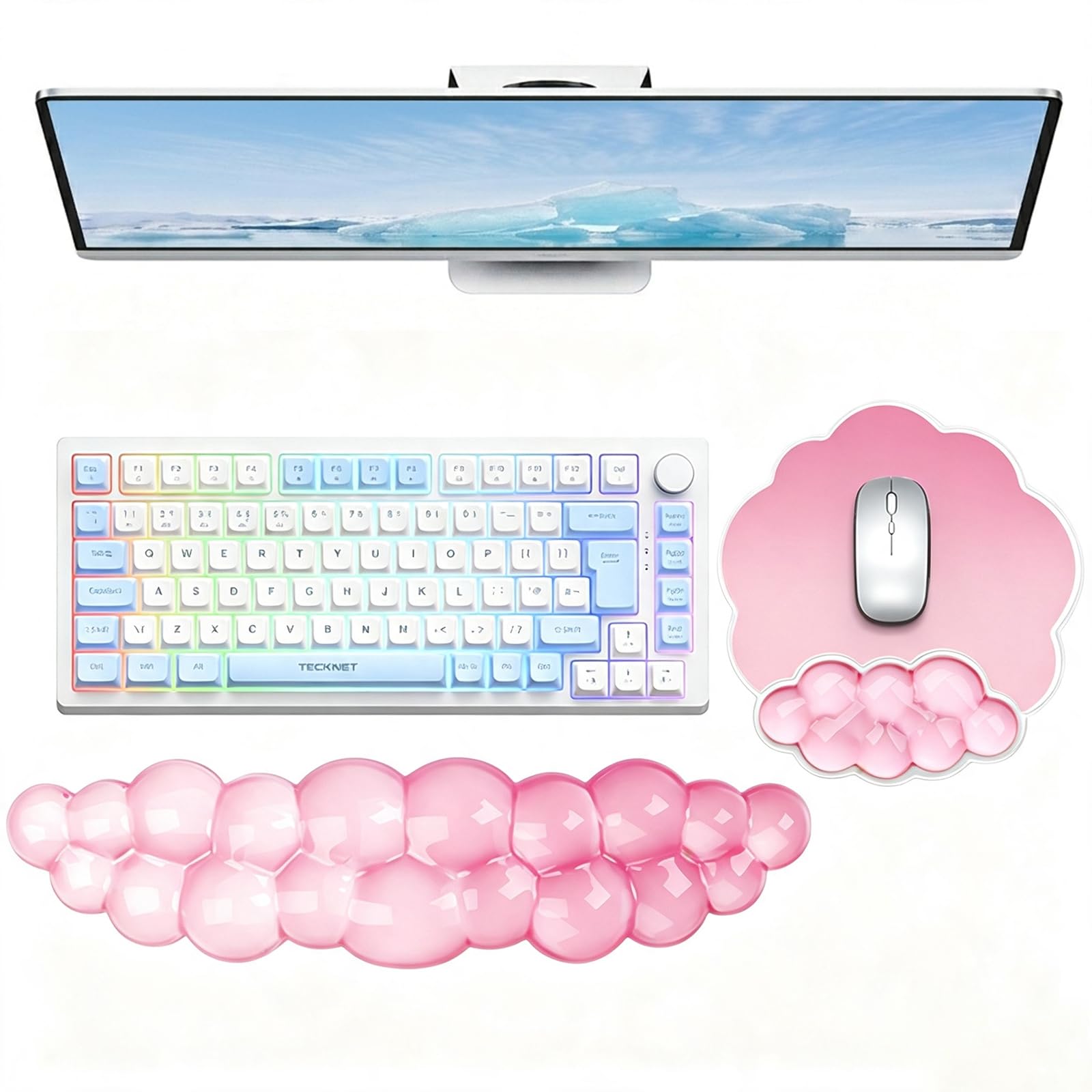 Poggiapolsi in gel e tappetino per mouse a forma di nuvola, per tastiere e mouse, ergonomico, rosa, allevia il dolore da digitazione, computer, laptop, giochi, casa, ufficio, rosa