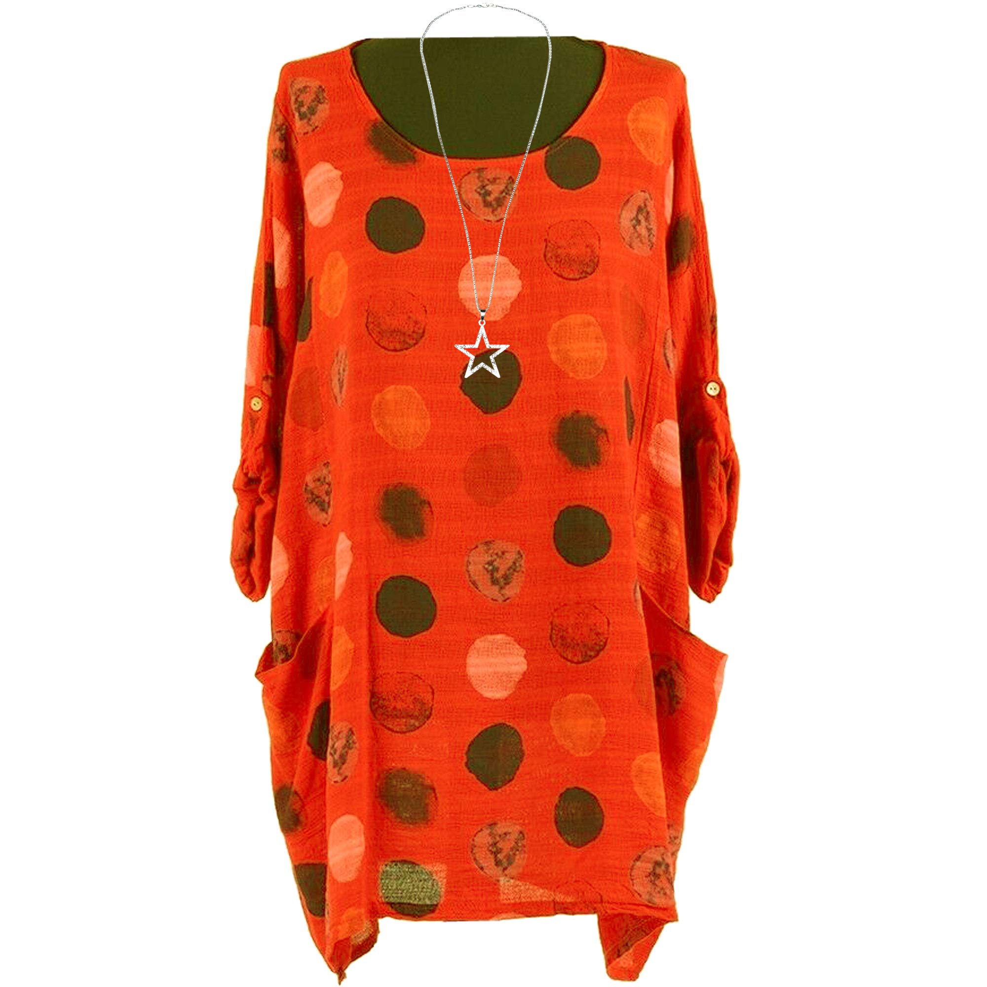 Ladies Italian Top Women Lagenlook Multicoloured Cotton Polka Dotted Plus Size Top with Necklace