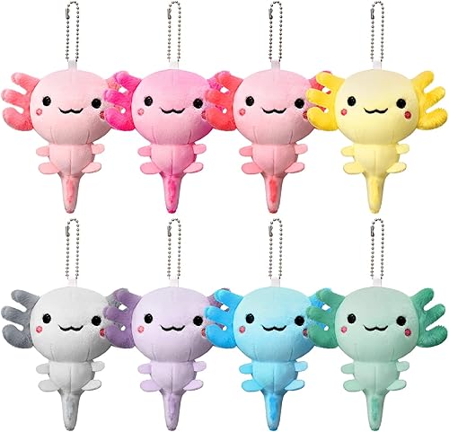 Poen 8 juguetes de peluche de ajolote a granel, mini ajolote de 4 pulgadas, lindo llavero kawaii, muñeca de peluche de colores surtidos con cadena