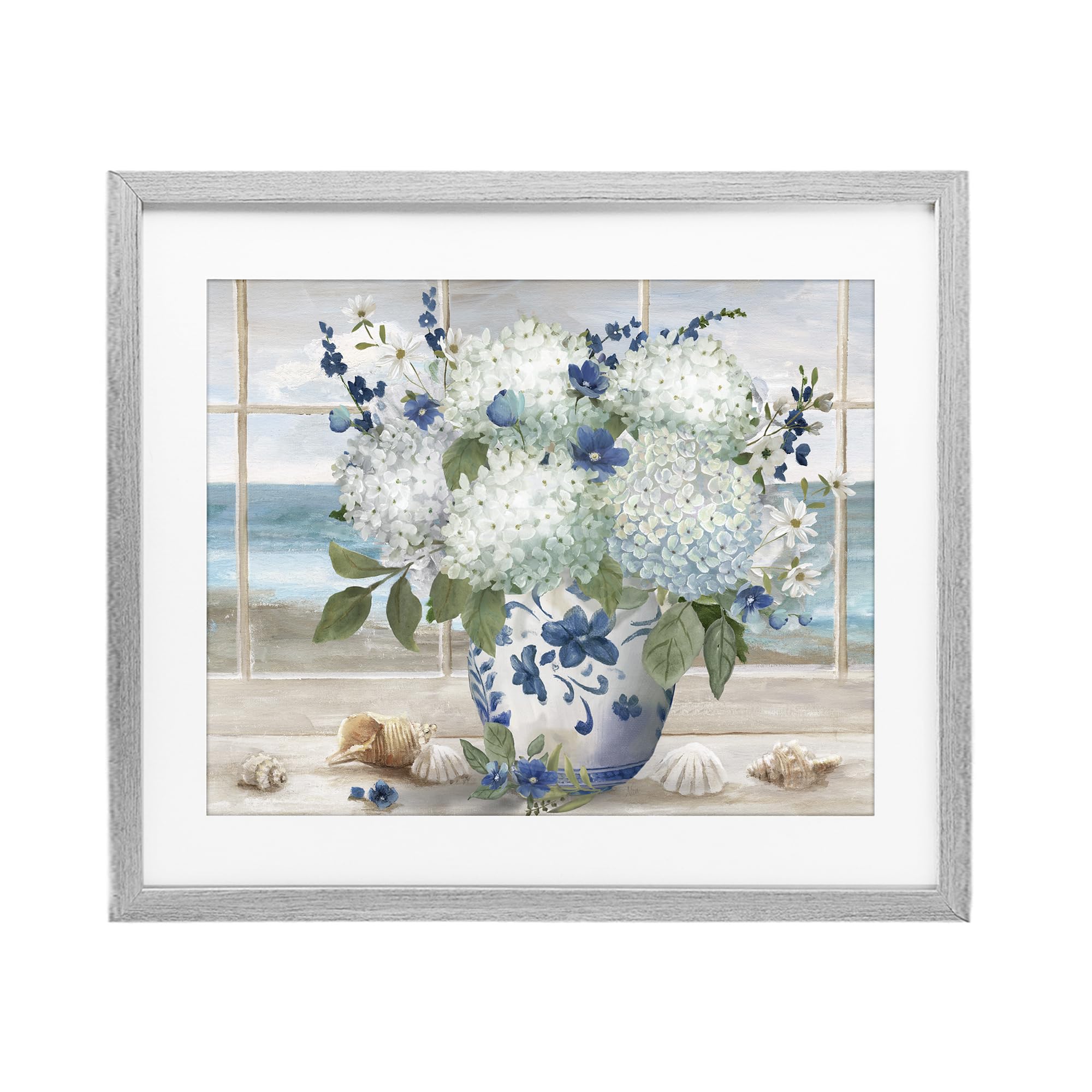 Stupell Industries 'Seaside Hydrangea Bouquet in Window', Framed Print Under Glass, Gray, 21 x 17 Inches, Easy to Hang and Sturdy, Made in USA, by Nan