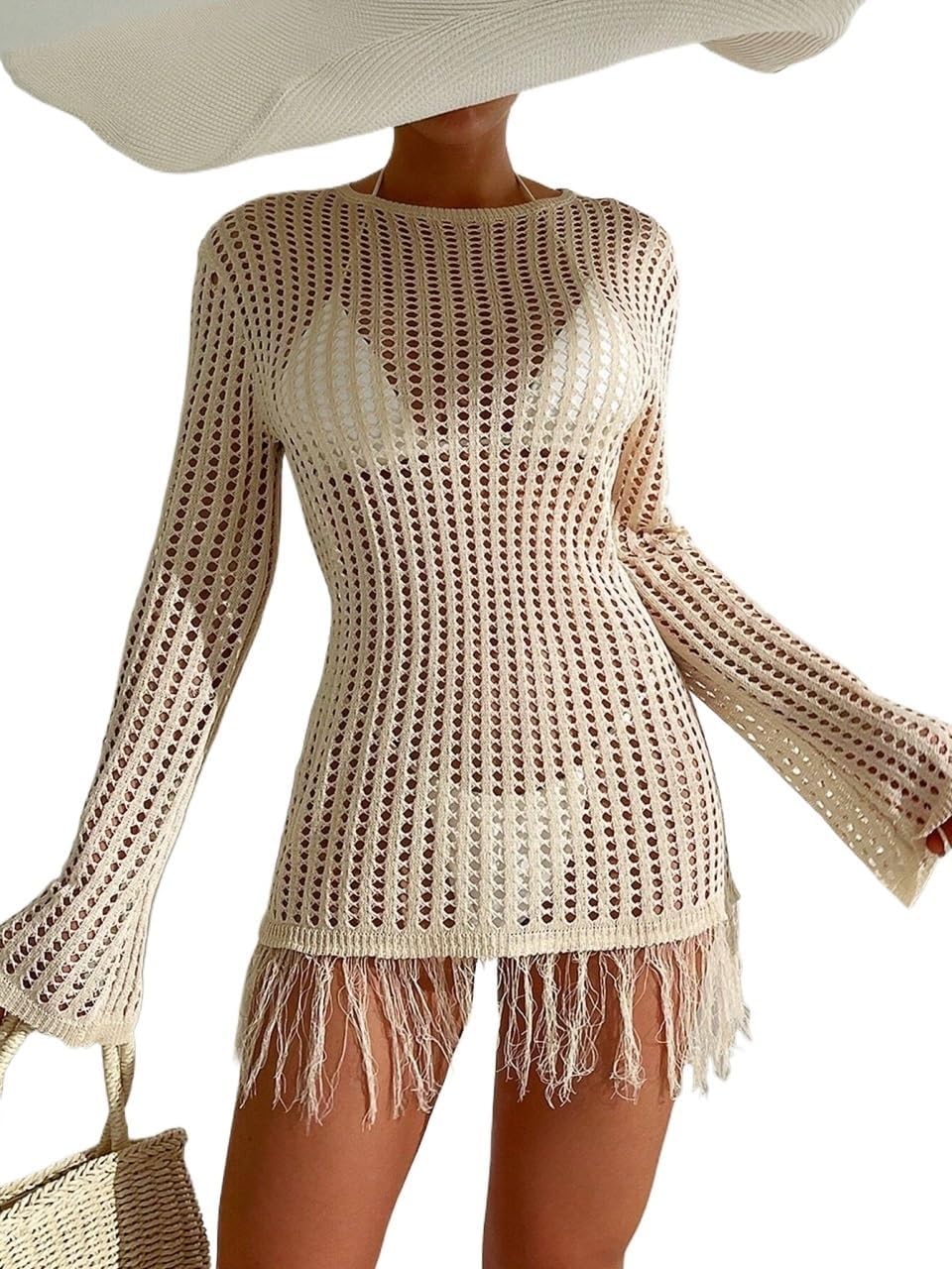 swimsuit coverup for women Sleeveless Hollow Knit Hem See-Through Mini Cover-Up Dress