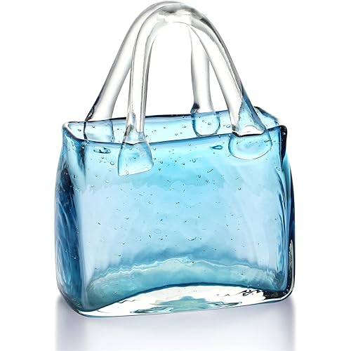 Hand Blown Bubble Glass Handbag Vase for Home Decor 8.3inch Modern Art Flower Vases for Centerpieces Living Room Kitchen Office Wedding,Blue