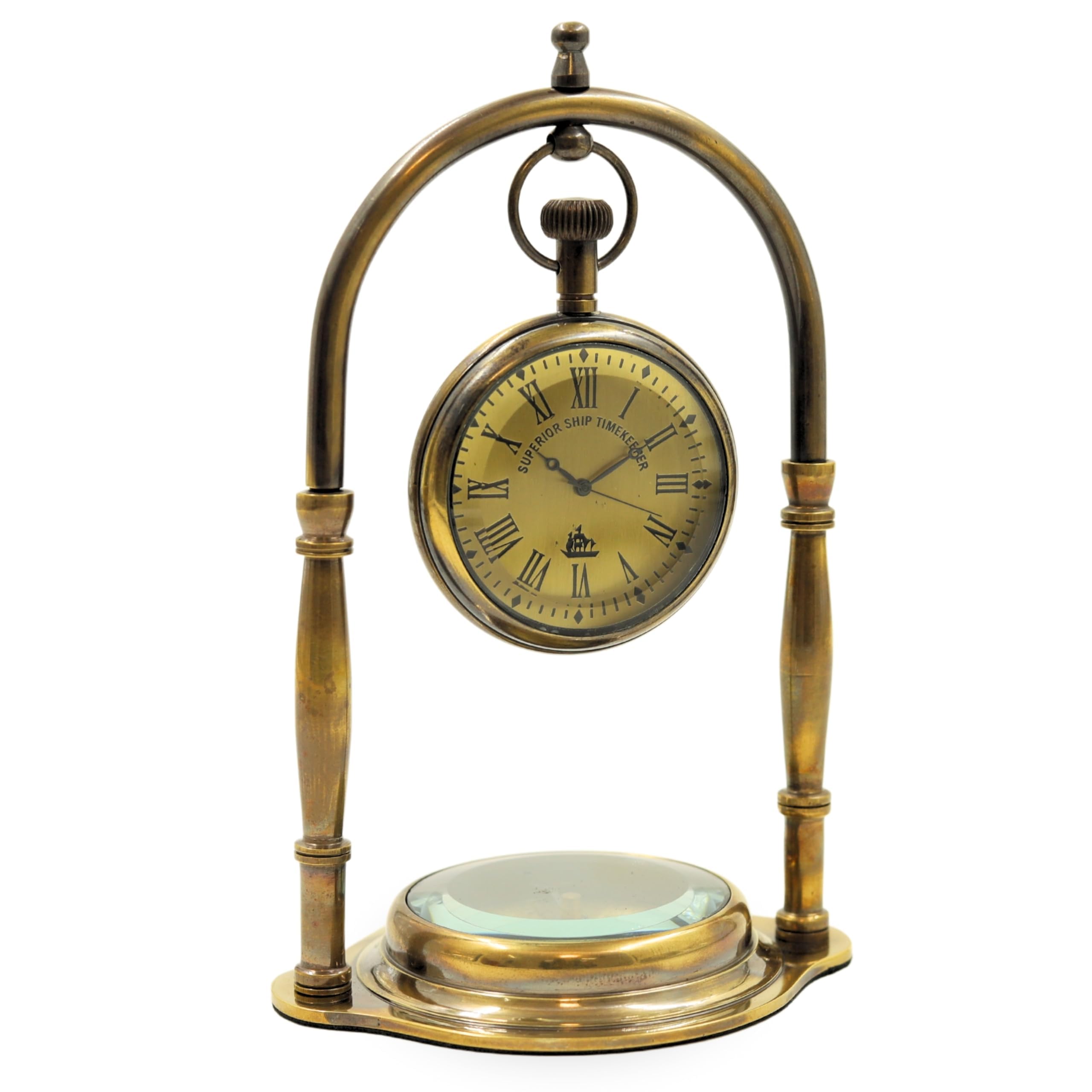 CUPRADO Antique Brass Table Clock with Japan Movement, Roman Numerals and Vintage Sailing Ship Engraving - Decorative Compass-Inspired Design.