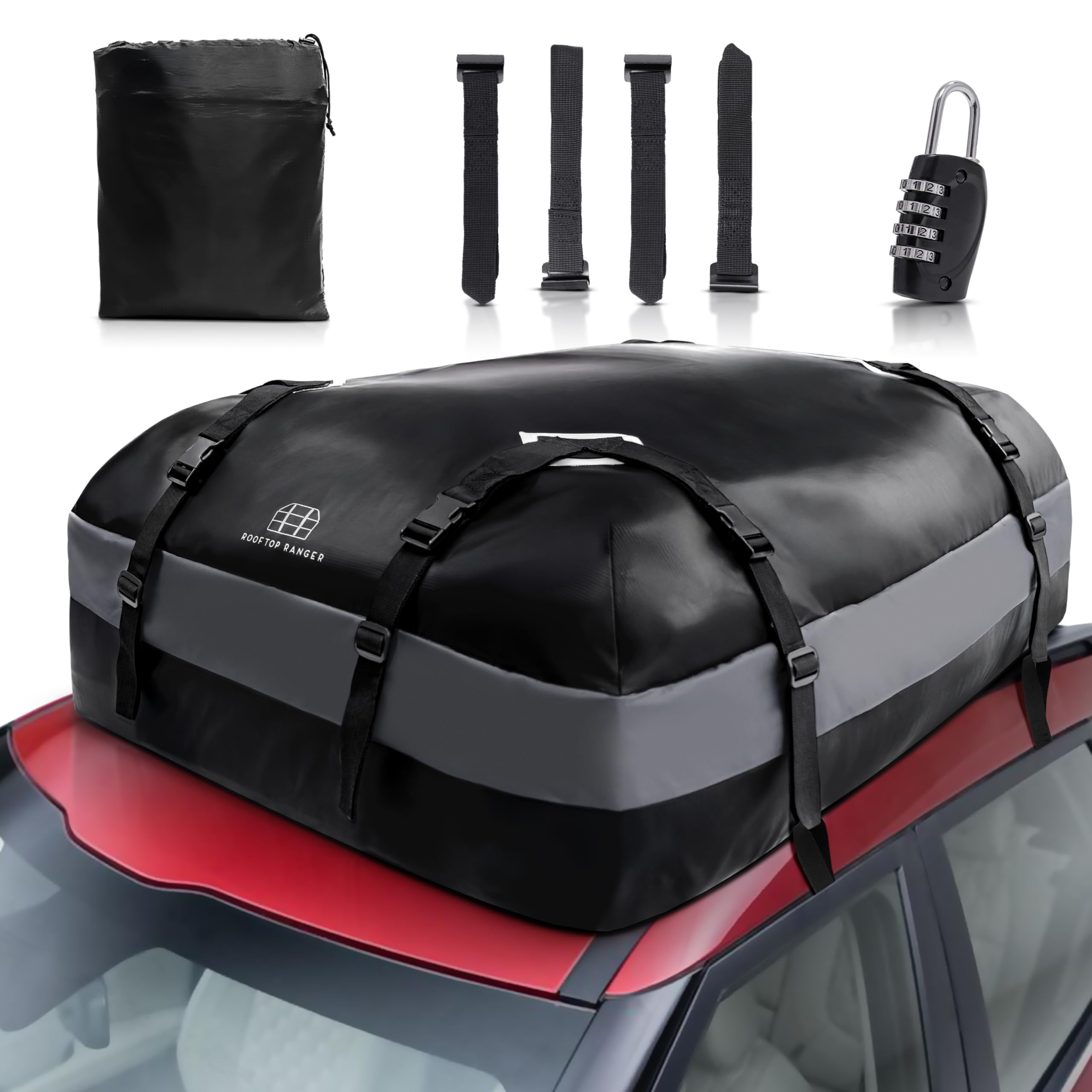 15 Cubic Ft Car Rooftop Soft Shell Cargo Carrier, 100% Waterproof - Car Storage for All Vehicle with/Without Racks - Attached Anti Slip Mat, Storage Bag, 4 Door Hooks & Straps, Lock