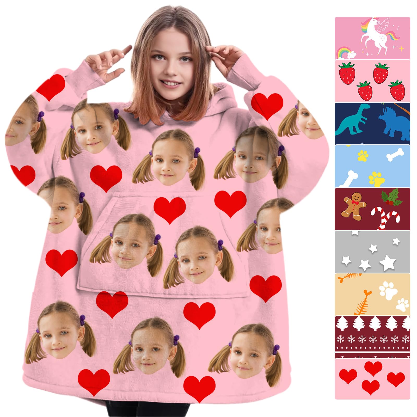 Custom Wearable Blanket Hoodies for Kids, Face Personalized Sweatshirt Hooded Blankets Throws for Boys Girls Christmas Birthday Gifts