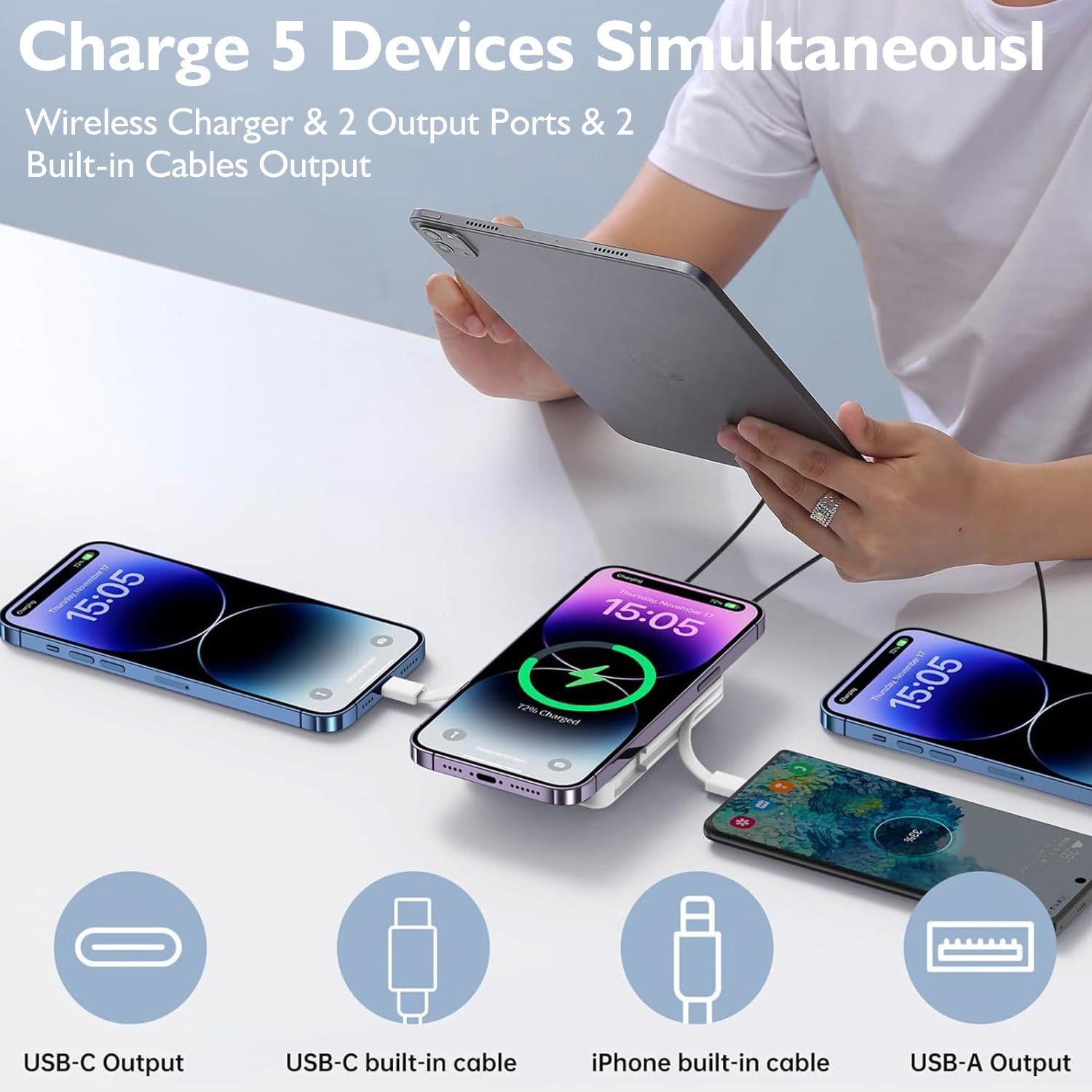 Yiisonger per Magsafe Powerbank 10000mAh, Caricatore Portatile Magnetico Wireless 22,5W, Ricarica Rapida con Display LED e cavo di ricarica USB-C/Lighting per iPhone 16/15/14/13/12 Pro/Pro Max/Plus