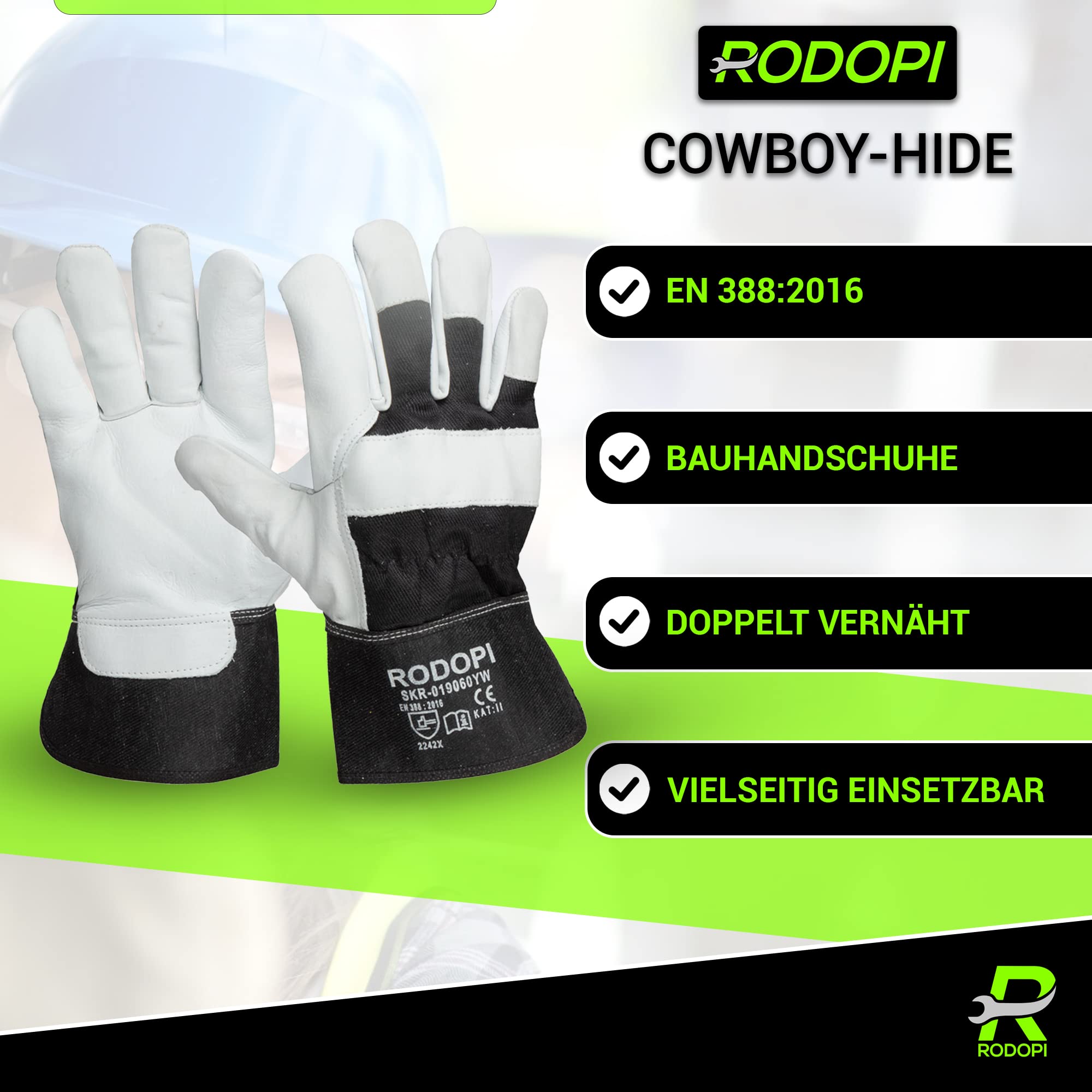 RODOPI Cowboy-Hide Arbeitshandschuhe Leder für Herren und Damen Bauhandschuhe Gr.8-11 Rindvollleder Gartenhandschuhe dornenfest EN 388:2016 Schutzhandschuhe (25 Paar, 10)