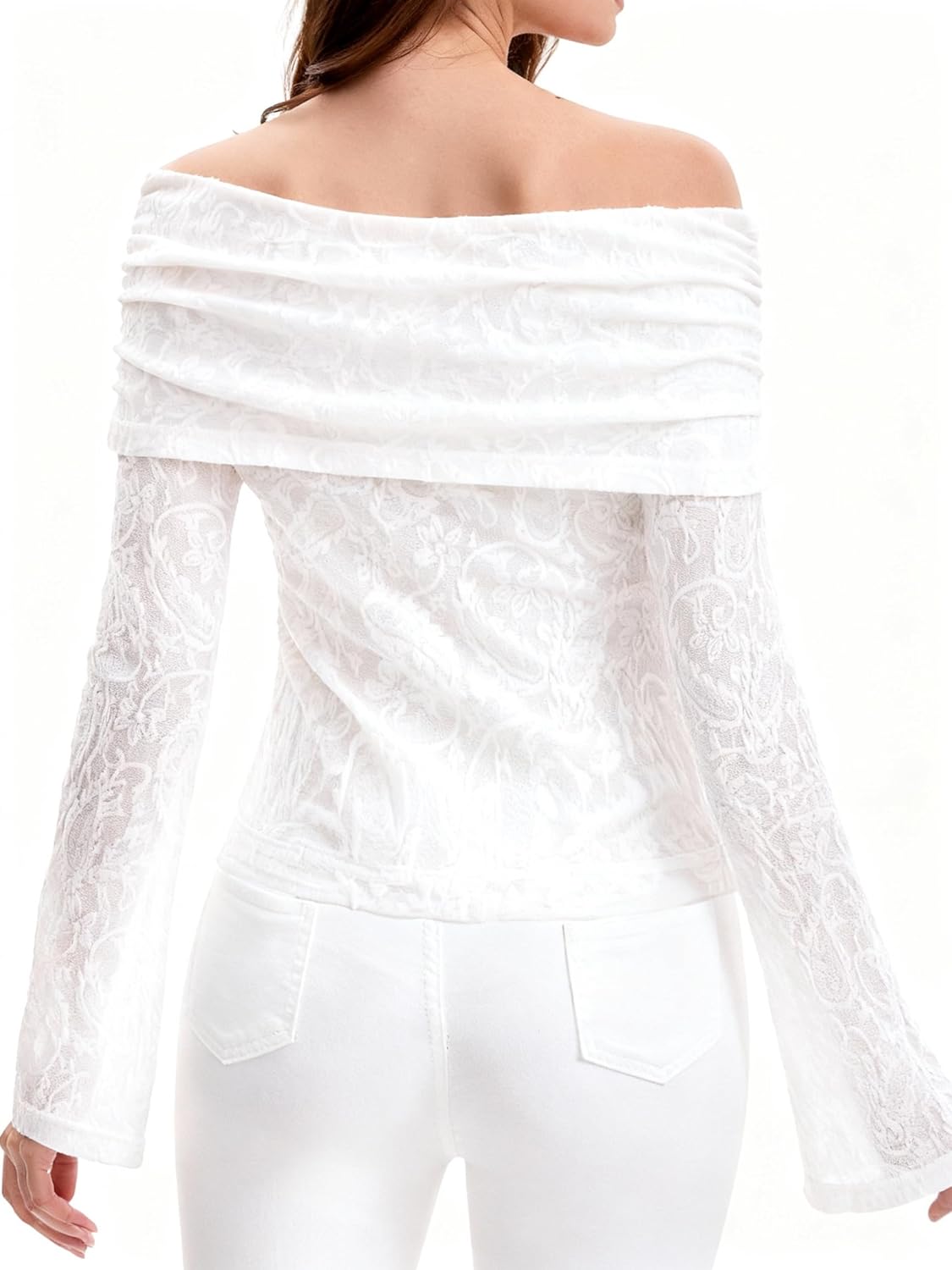 Women’s Off Shoulder Lace Ruched Tops Long Sleeve Slim Fit Blouses Shirts 2026 Going Out T-Shirt - Image 6