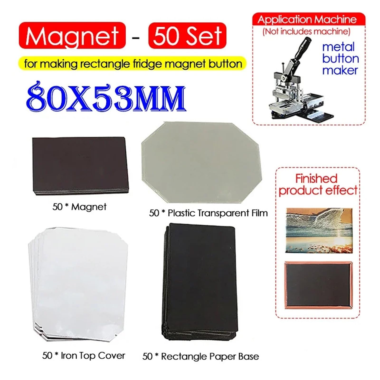 50 zestawów prostokątnych magnesów na lodówkę 80x53 mm Materiały do samodzielnego wykonania do maszyny do produkcji guzików metalowych. Samodzielne wykonanie magnesu na lodówkę. do spersonalizowanego