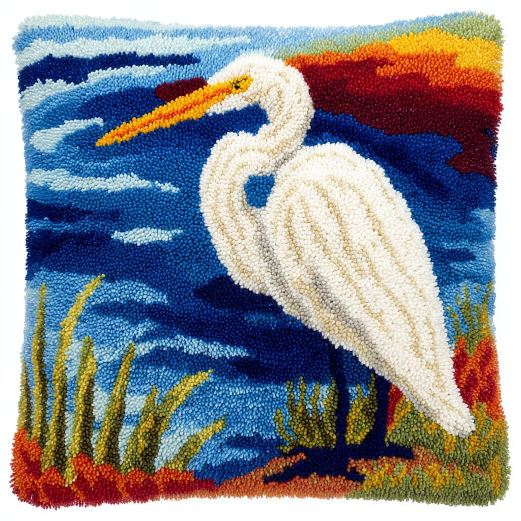 Taxpy Latch Hook Cushion Kits, Animal egret Latch Hook Pillow Case Kits Embroidery Kit 43x43cm, DIY Needlework Pillow Cover Sofa Cushion Rug Making Kit