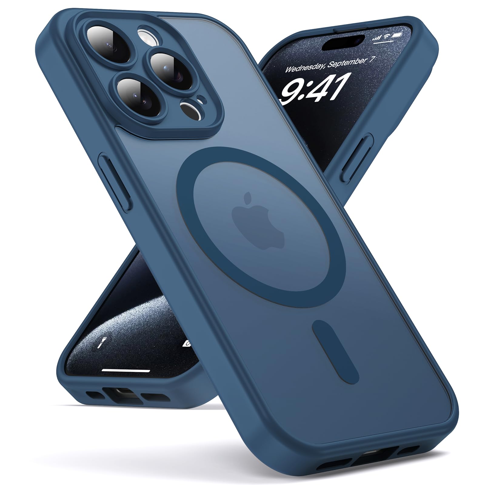 Oududianzi-Hülle für iPhone 15 Pro Kompatibel mit Magsafe Handyhülle, Durchscheinende Mattierte PC Rückseite TPU Bumper Silikon Schutzhülle, Kameraschutz Transluzente Matt Kratzfest Stoßfest-Blau