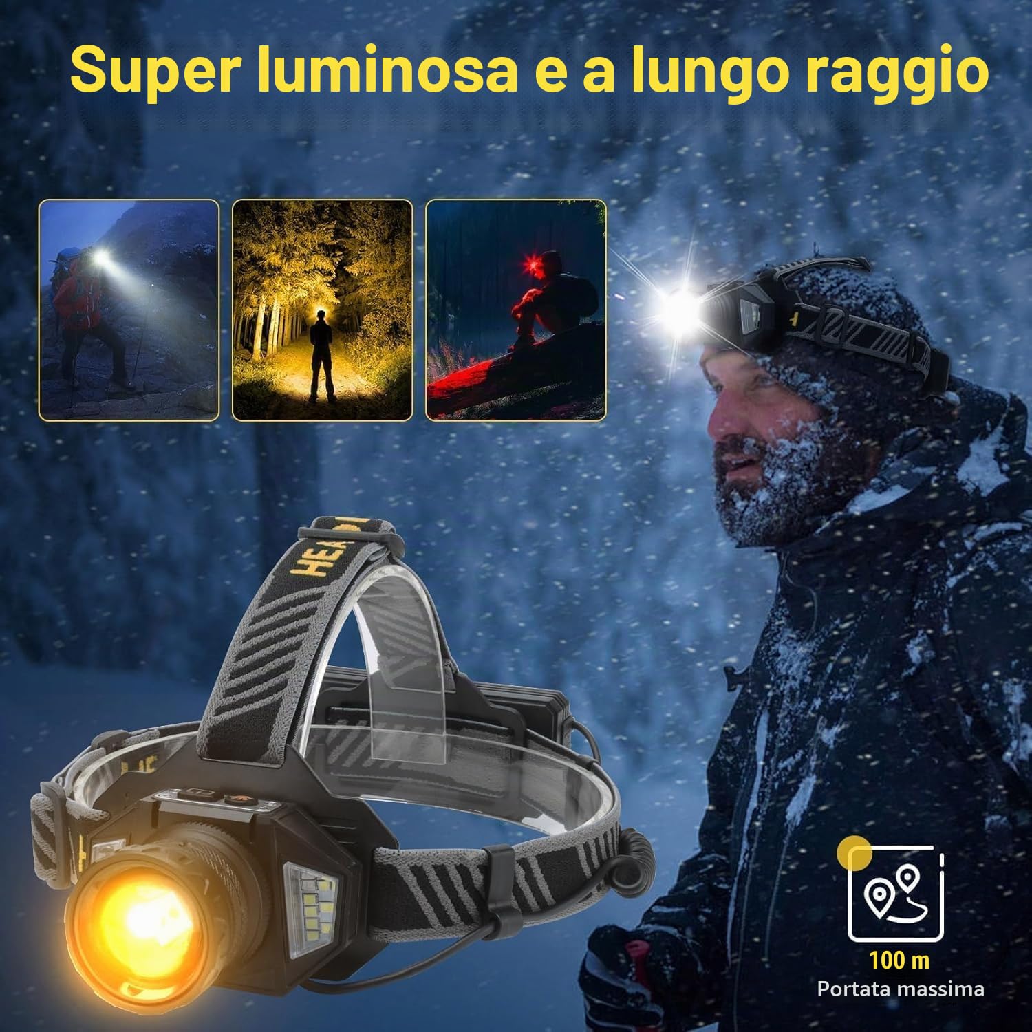 Lampada Frontale LED Ricaricabile, Super Luminosa 120000 Lumen, Lampada Frontale con 12 Modalità & Sensore & Impermeabile IPX7 & Angolo Regolabile 90°, Lampada Frontale LED per Campeggio e