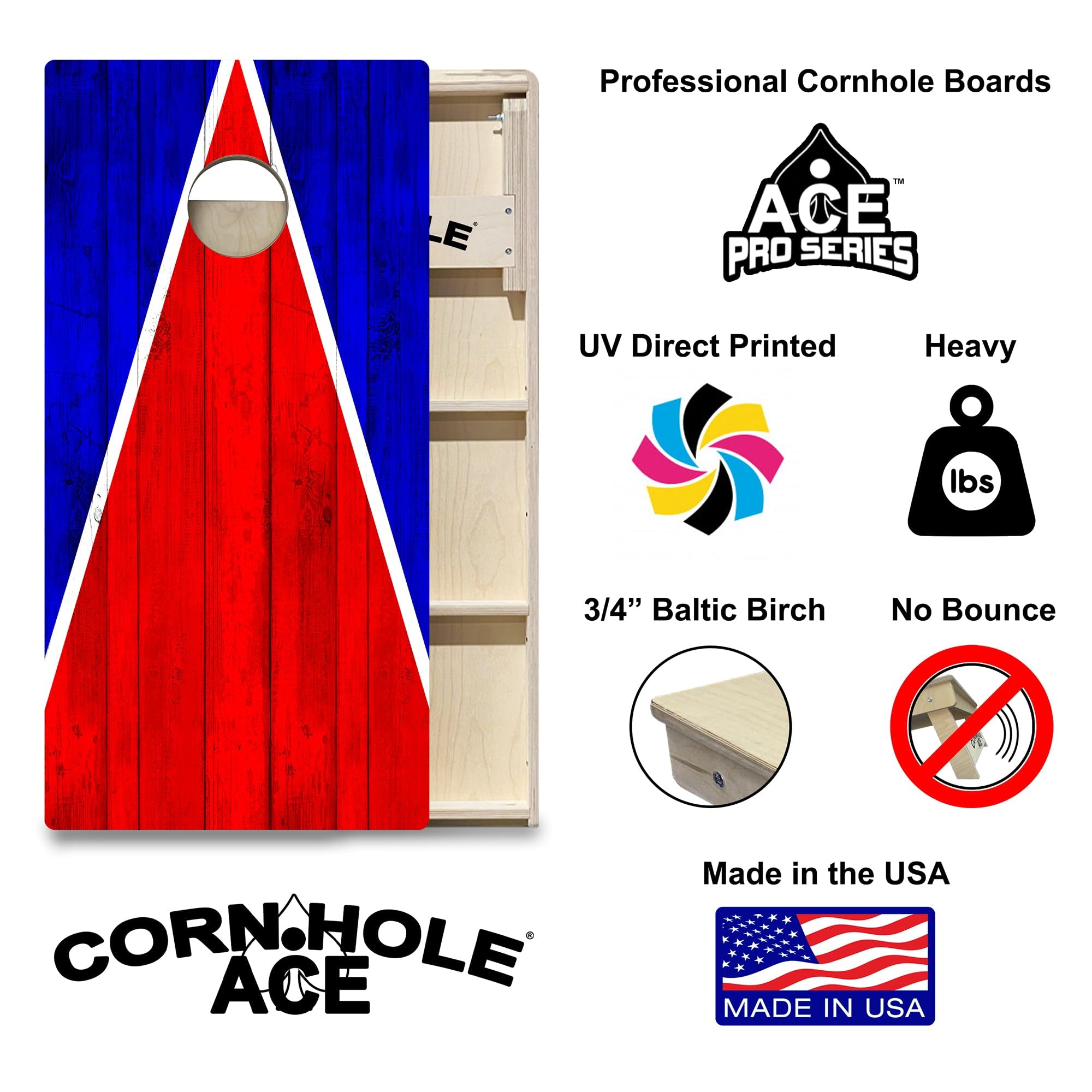 CornholeAce PRO New England Tailgate Triangle Design, Professional Cornhole Board Set, No Bounce! Triple Wide Legs, 3/4in Baltic Birch Plywood, Regulation Size, Tournament Style, Made in USA