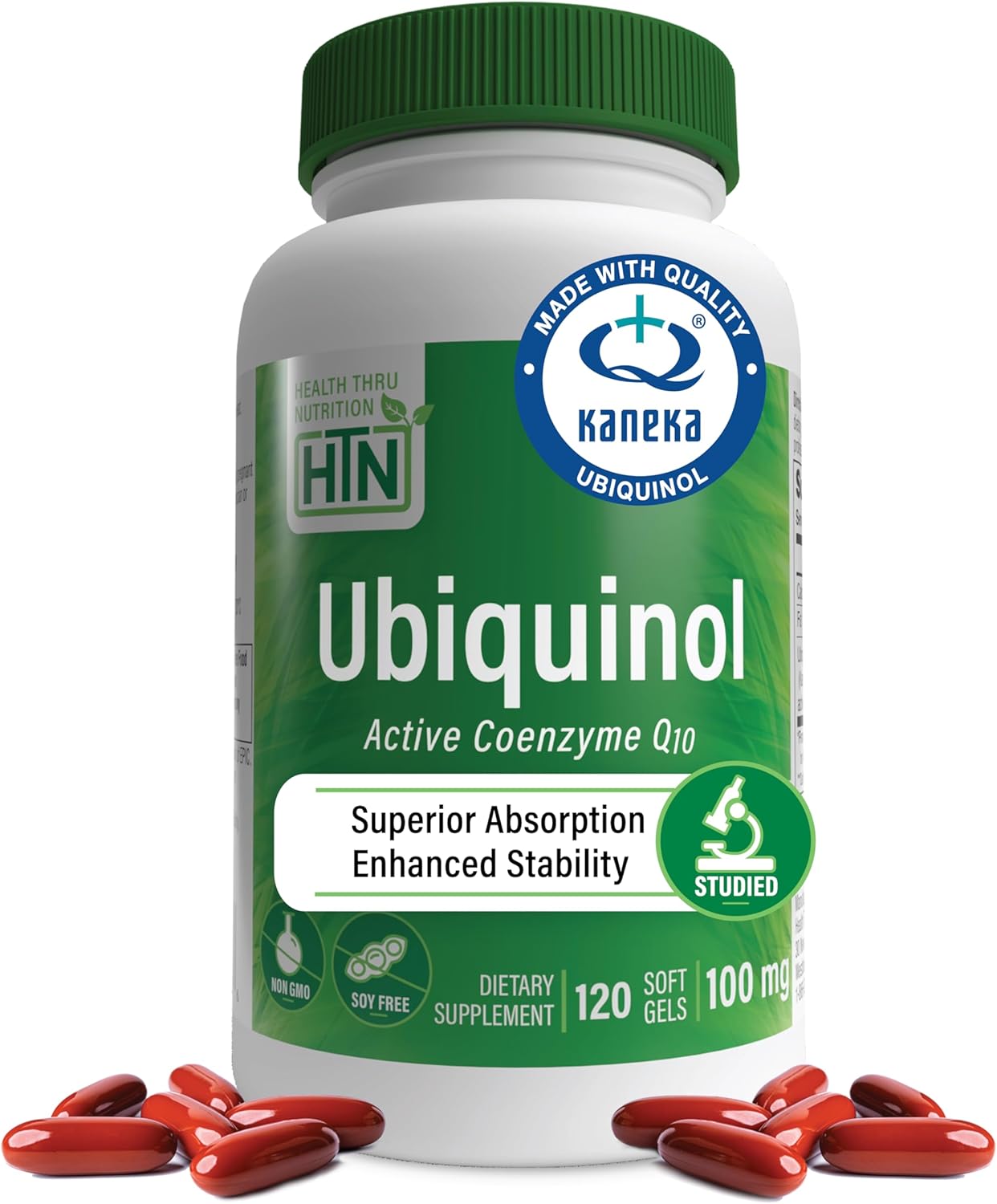 Health Thru Nutrition Ubiquinol 100mg 120 Softgels as Kaneka QH Reduced CoQ-10 | Stabilized - 3rd Party Tested | Enhanced Bioavailability | Cardiovascular & Mitochondria Function Support | Non-GMO