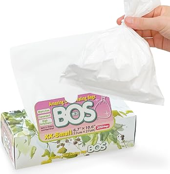 BOS Amazing Odor Sealing Disposable Bags, for Pet Waste for small dogs or Any Sanitary Product Disposal - Durable and Unscented[Size XXS, Color White] 200 count, Pack of 1 200 Bags