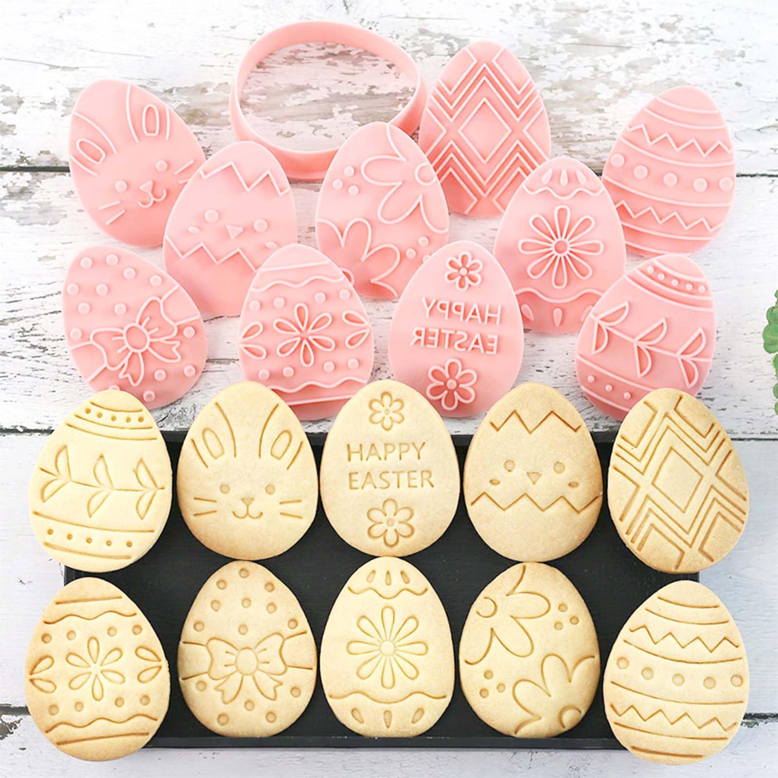 10 mini cortadores de galletas, sellos de galletas de diseño 3D elevado, mini moldes divertidos para huevos de Pascua, juego de cortadores de galletas de adorno de Pascua (huevo de Pascua, conejo)