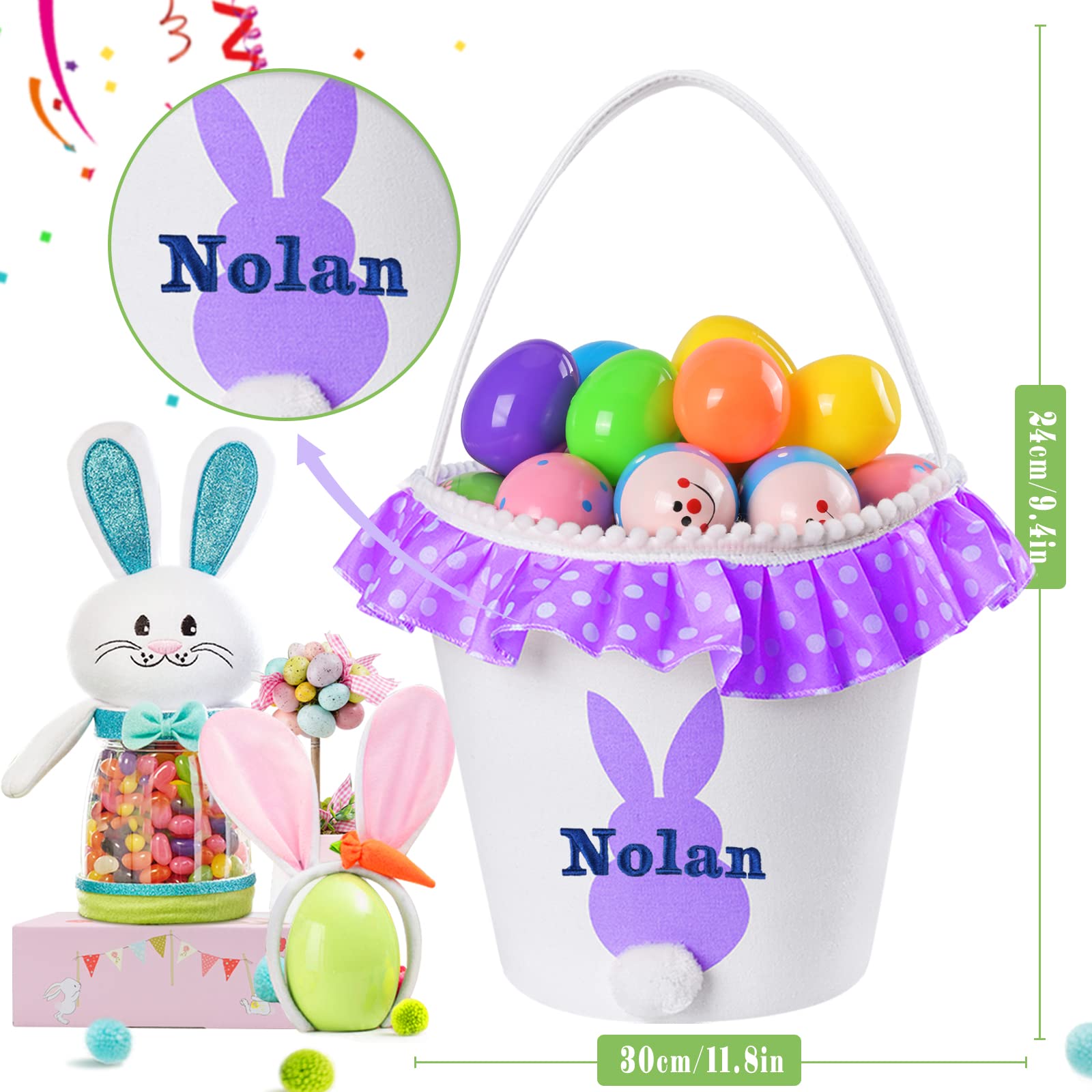 VAPCUFF 2 Pcs Personalized Easter Baskets for Boys Girls, Bunny Easter Basket with Name, Canvas Material, Purple Color