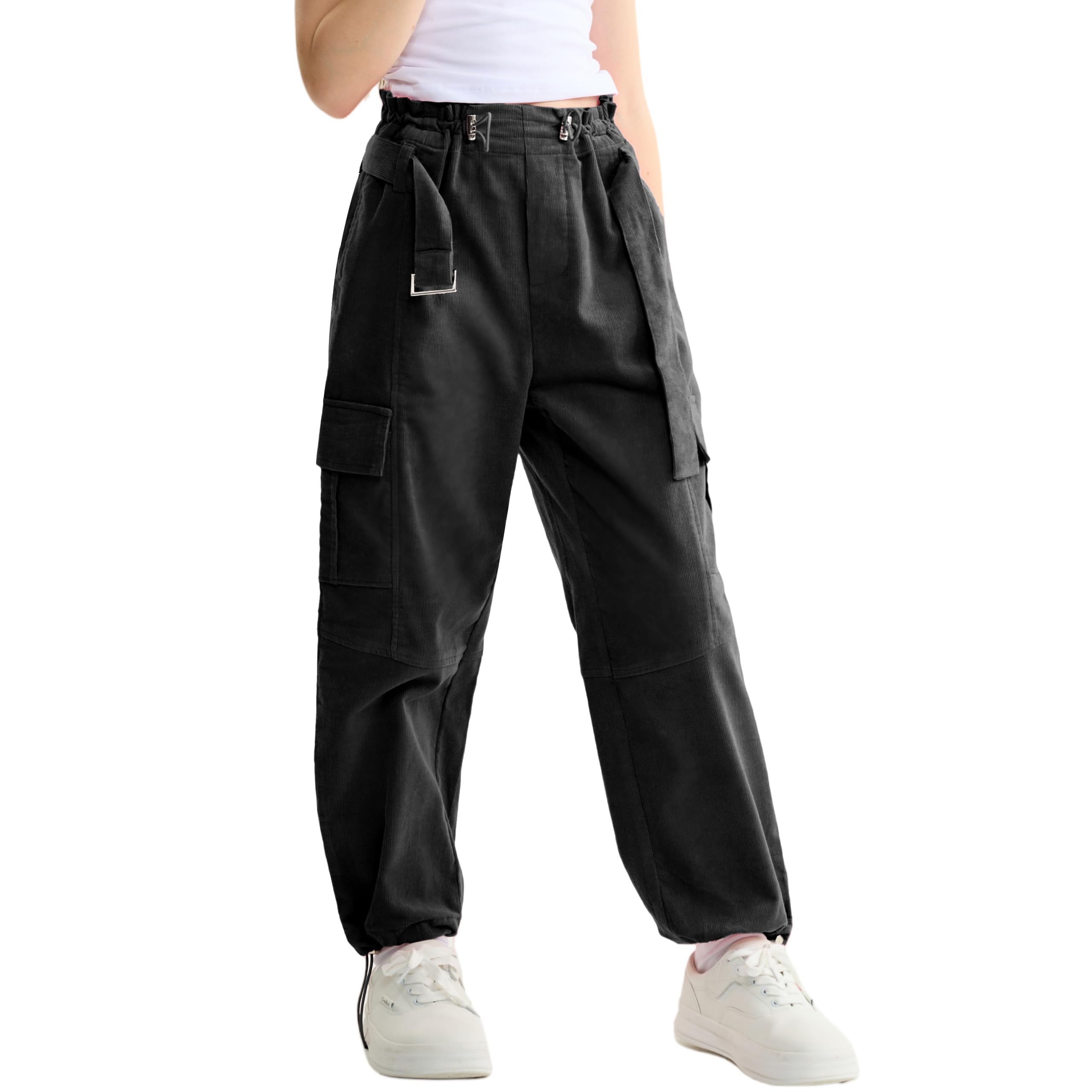 Rolanko Pantalon Cargo Fille avec Ceinture Réglable Taille Haute Élastiquée en Velours Côtelé Jogging Pantalon de Danse Hip Hop pour Enfants