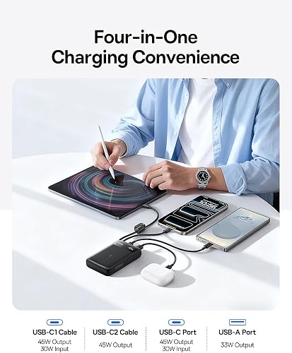 Baseus FC11 Power Bank 45W 20000mAh Portable Charger with Dual Built-in Cable, CCC Small Power Bank With Smart Display, Retractable Cable, Battery Pack for iPhone 17/16, iPad, Laptop, Samsung, Pixel - 4