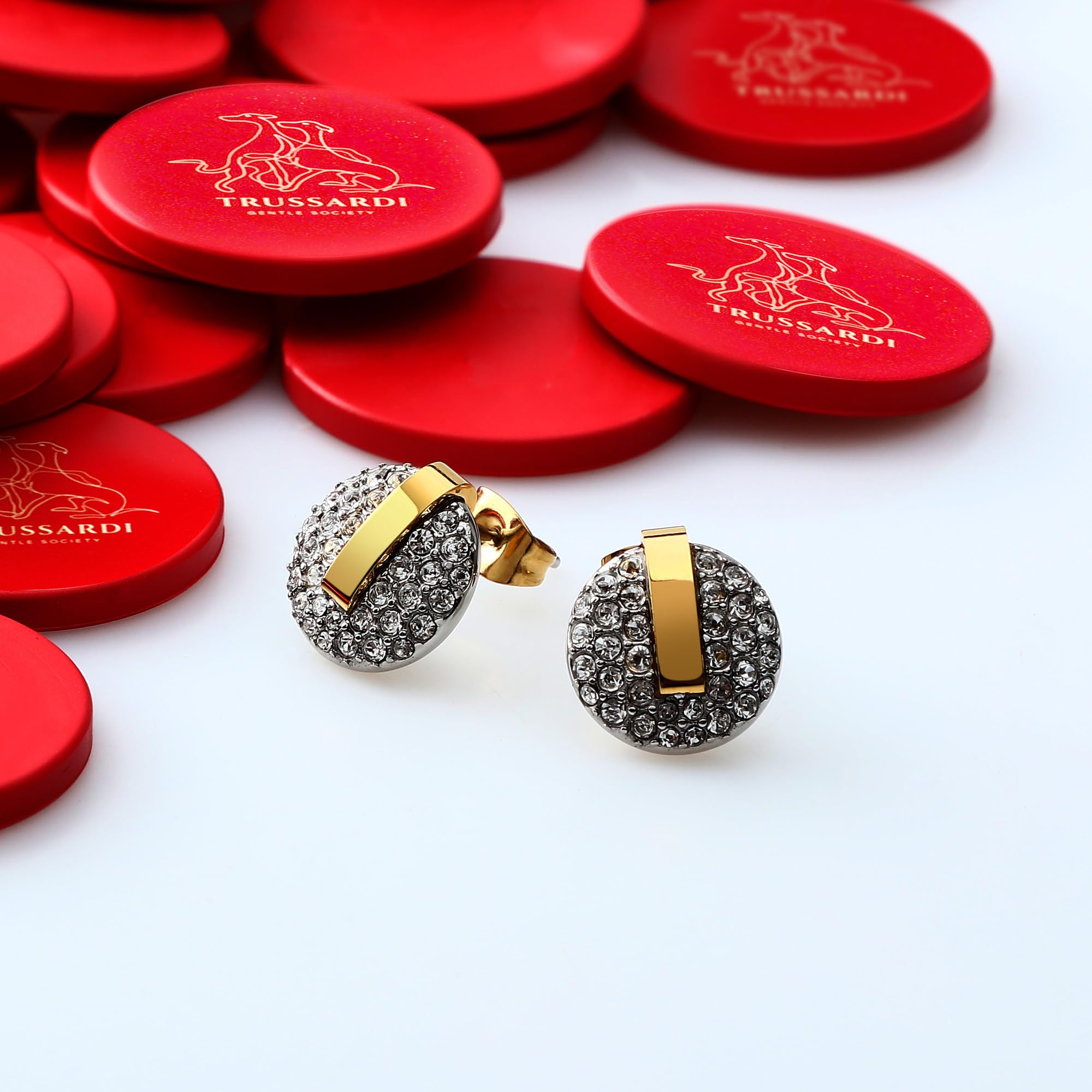 TRUSSARDI Orecchini Donna in Acciaio, Cristalli a Bottone, Collezione T-ROUND, Idee Regalo Donna