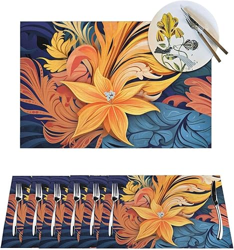 6 PCS PVC Placemats Set Place Mats Abstract Patterned Tropical Non-Slip Weave Place Mats 12" x 18" Farmhouse Table Mat Set for Family Dinners