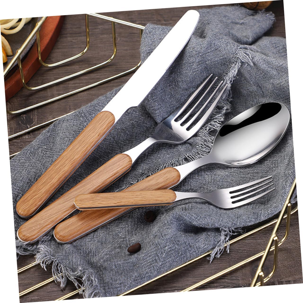 4pcs Retro Flatware Set Silver Stainless Steel Wood Grain Handle Xmas