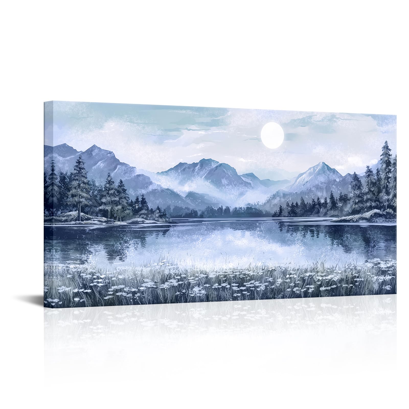sechars Mountain Lake Canvas Wall Art Nature Wilderness Painting Prints Relax Calm Scenic Picture for Living Room Bedroom 20"x40" (Blue)