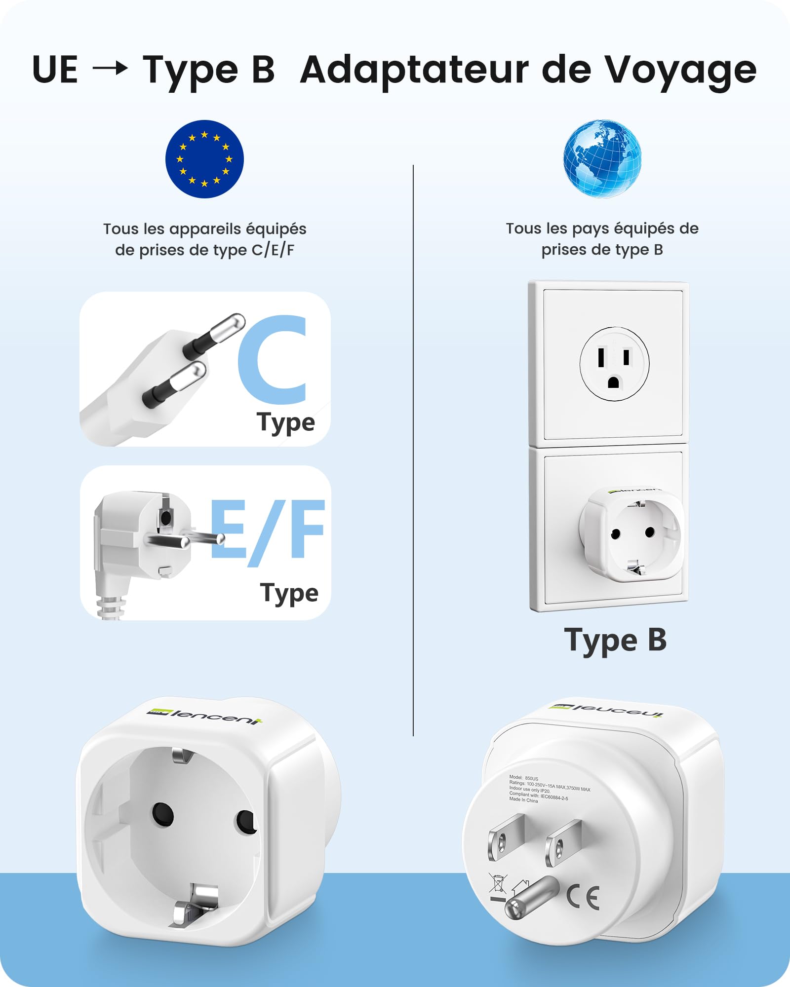 LENCENT Adaptateur Prise USA Voyage Canada Type B 2 Pièces