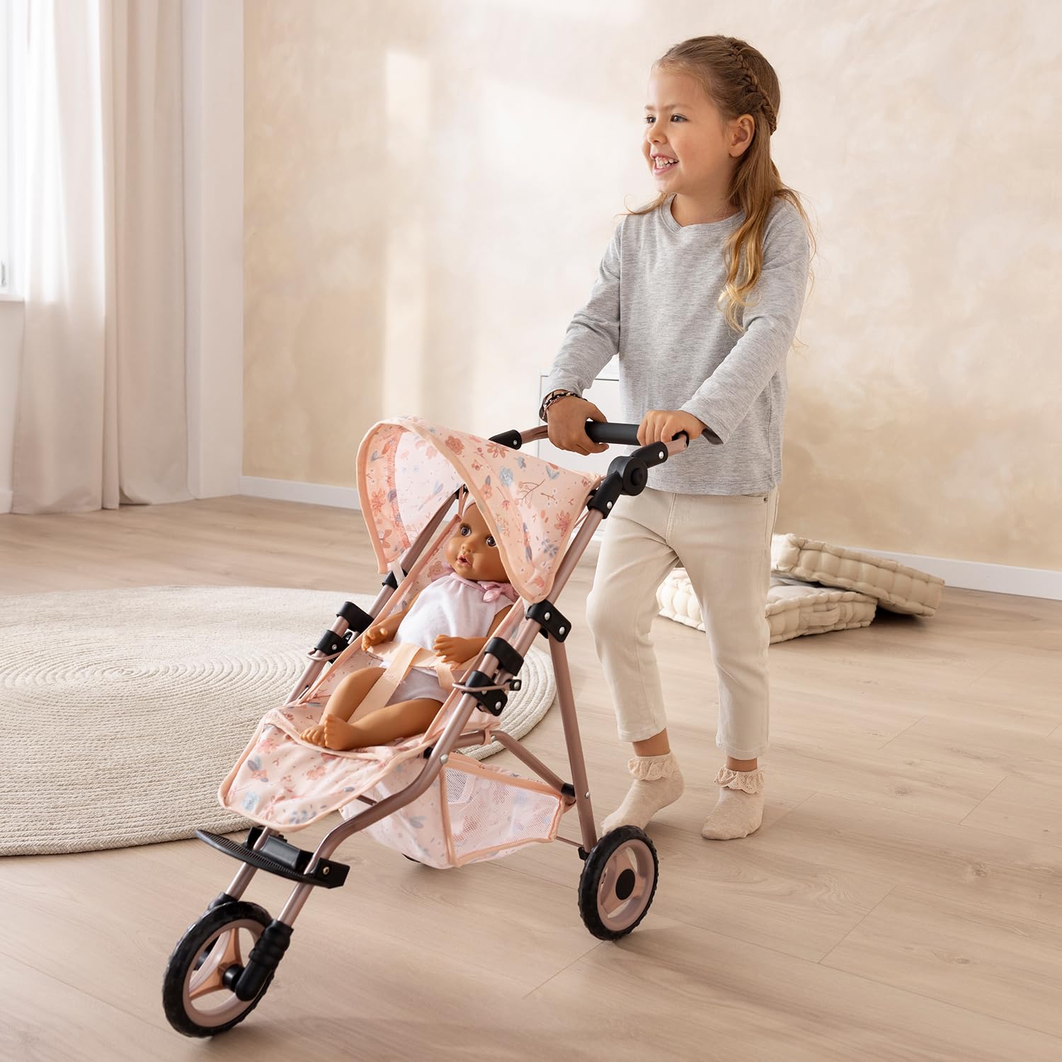 howa Puppenbuggy „miniflowers“ – eleganter Puppenwagen - Jogger für Puppen bis 50 cm, Puppenjogger mit höhenverstellbaren Schiebegriff 2260