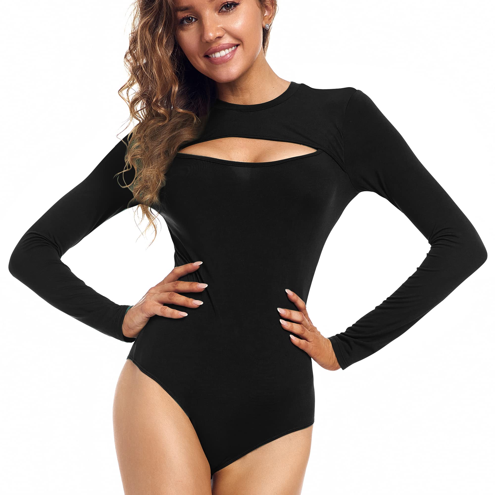 FJUN Sexy Cutout Front Long Sleeve Bodysuit for Women Jumpsuits Soft Comfortable Tshirt One Piece Bodysuit Tank Tops