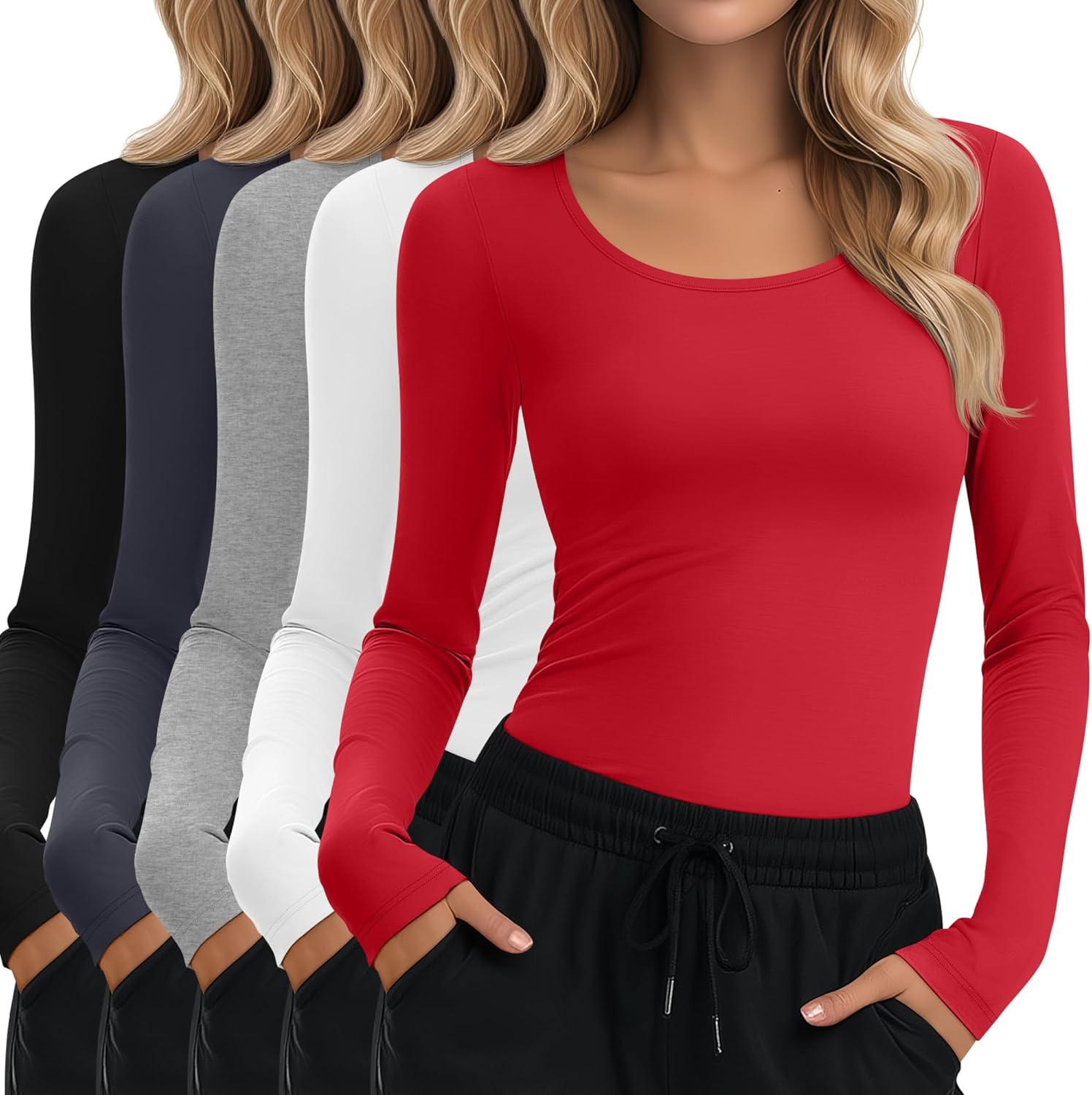 Oakgarden 5 Pack Underscrub for Women Long Sleeve Shirts Fitted Scoop Neck Tops Basic Layering Tee Knit Tops for Nurse