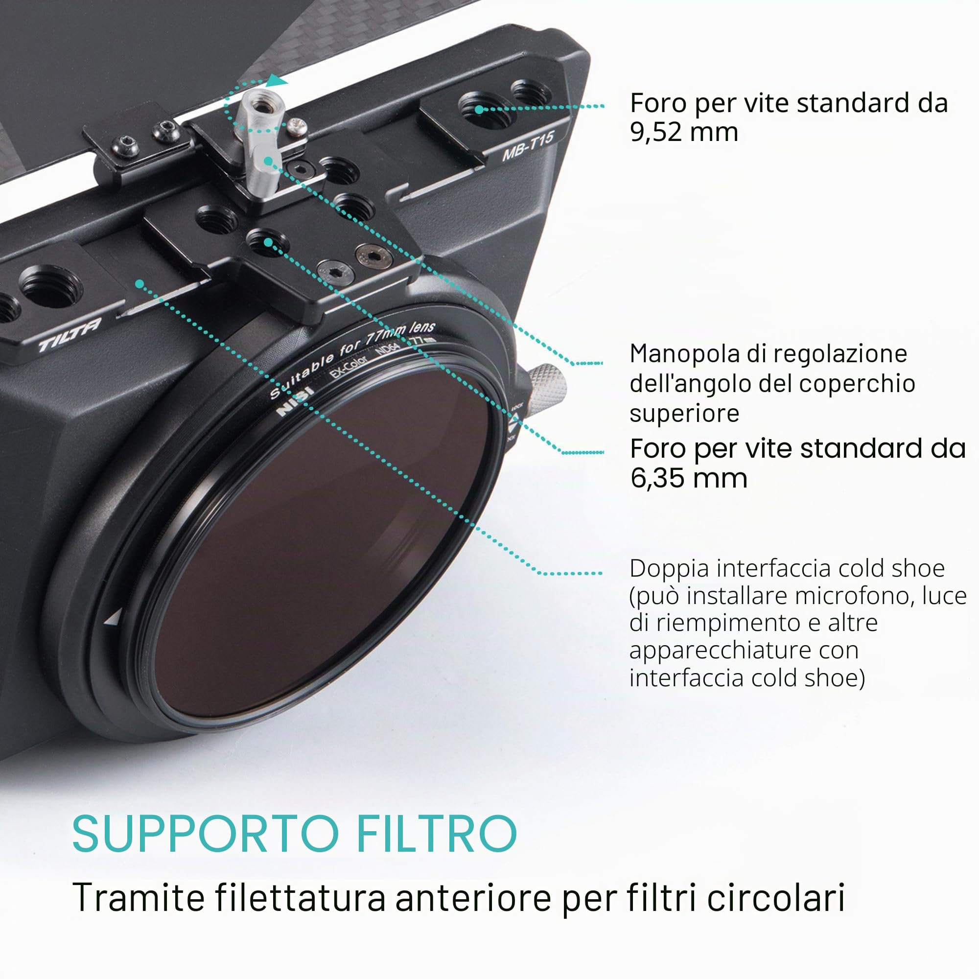 Tilta Mini Matte Box Cornice filtro 4x5.65 per fotocamere reflex digitali mirrorless, con anello adattatore obiettivo 67mm/72mm/77mm/82mm Supporto asta 15mm Supporto leggero MB-T15