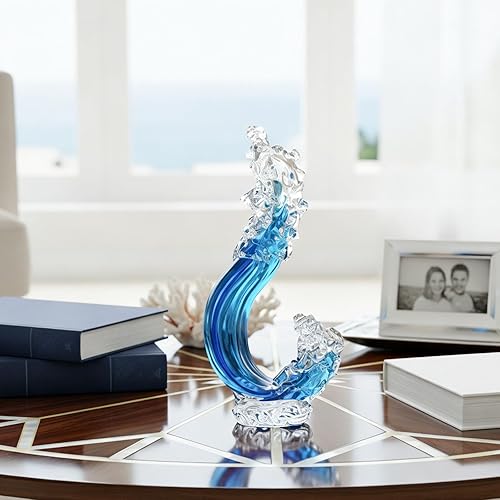 Miniatura 2 de Estatua de vidrio soplado a mano azul de la onda del océano, decoración de arte de cristal de mar fundido, ornamento de escultura de onda abstracta