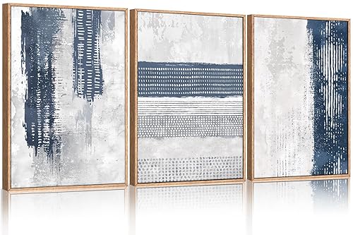 HLNIUC Navy Blue Abstract Framed Wall Art Set, Neutral Minimalist