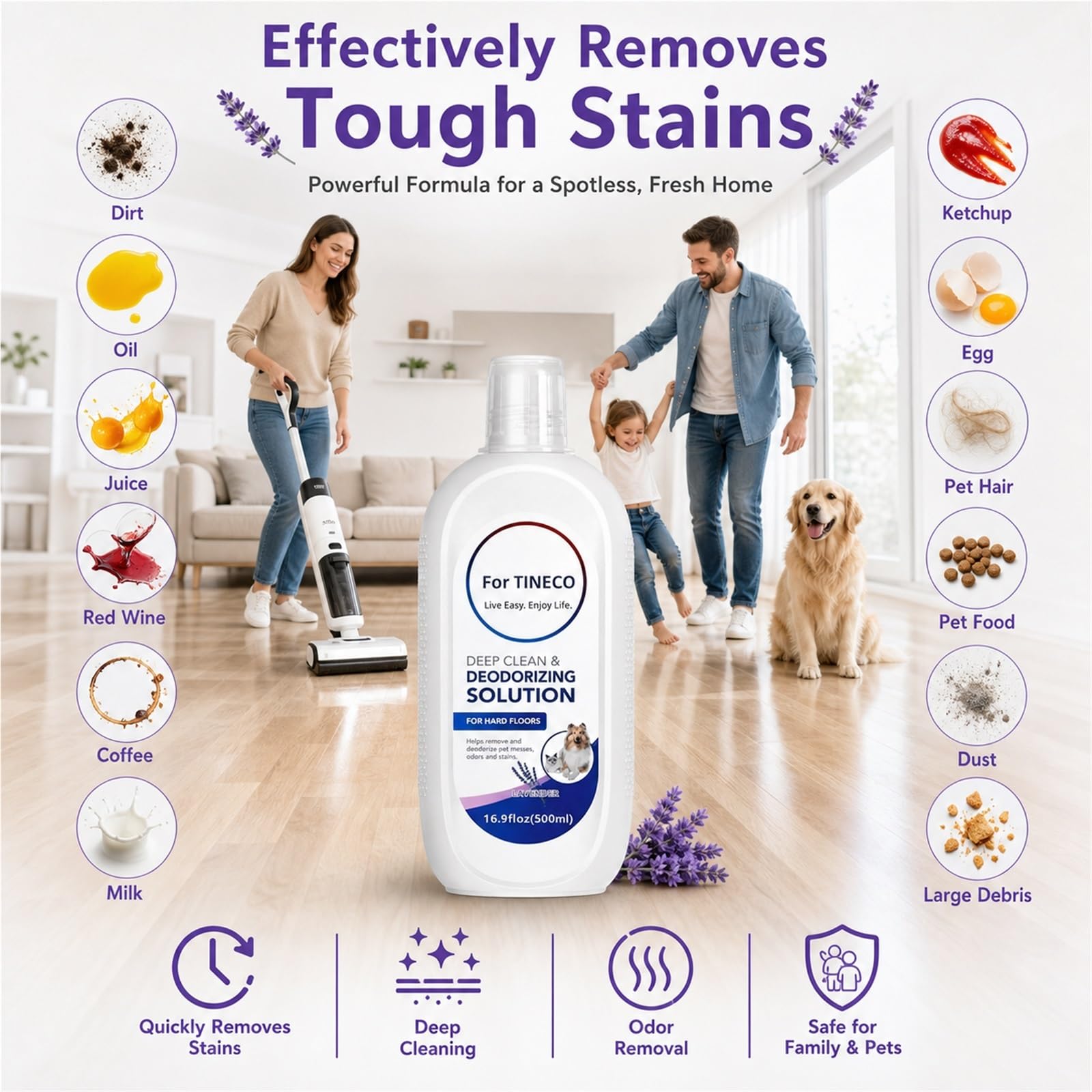 Reinigungsflüssigkeit for Böden Kompatibel mit Tineco iFLOOR/FLOOR ONE | 500 ml 5er-Pack Konzentrierter Lavendelduft pH-neutrale Formel Sicher for Haustiere & Kinder for Nass-/Trockensauger & Wischm