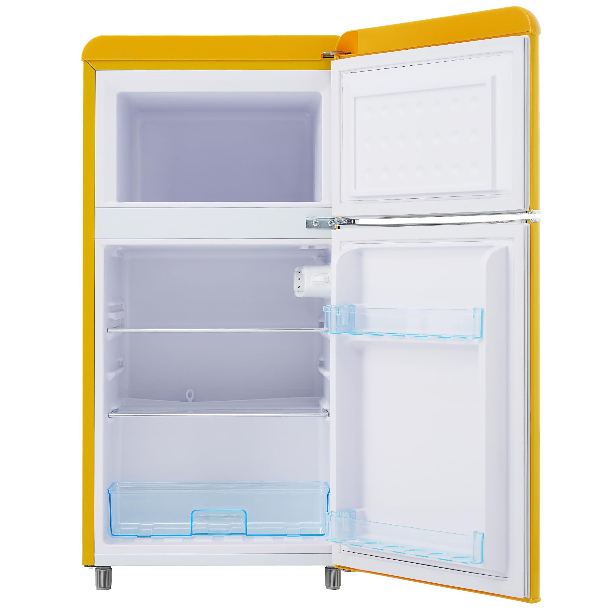 Ymkua Frigorifero Piccolo, Frigorifero Combinato 72 L (21+51), 45x46x91 cm Frigo Da Camera, Mini Frigo Bar con LED luce e Ripiani Rimovibili, Freezer Separato Doppia Porta, 120 kWh/anno (Yellow)
