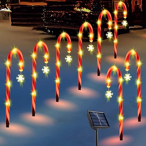 GROYARD 8Pack Solar Christmas Candy Cane Lights Snowflake Outdoor Pathway Driveway Markers Decoration Set of 8 Red and White Xmas Home Indoor Yard