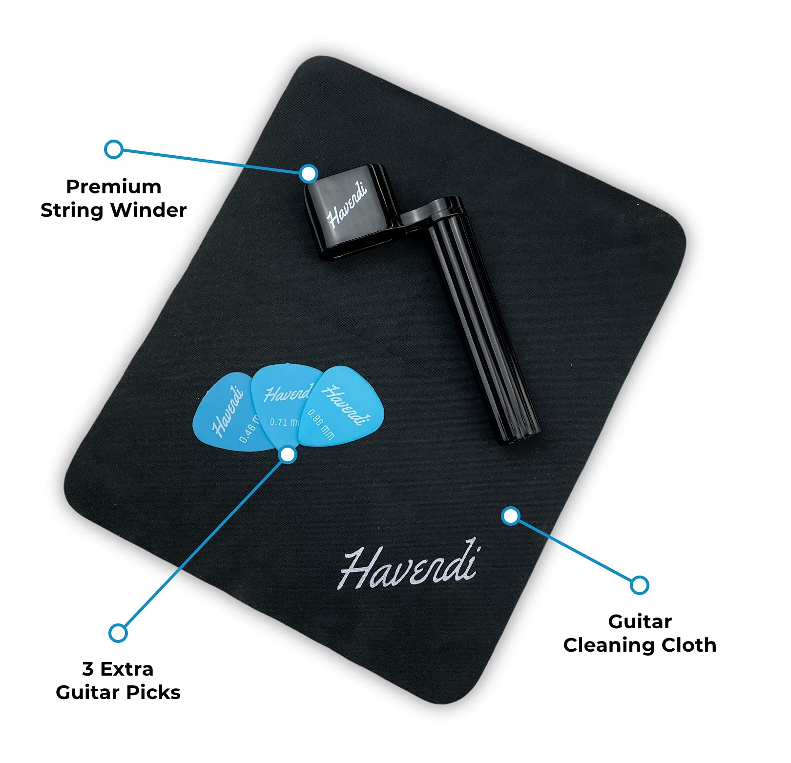 HAVENDI® Premium Manivelle pour guitare avec 3 plectres et un chiffon de nettoyage - Pour un changement de cordes plus rapide - Guitares folk, acoustiques, électriques et de concert