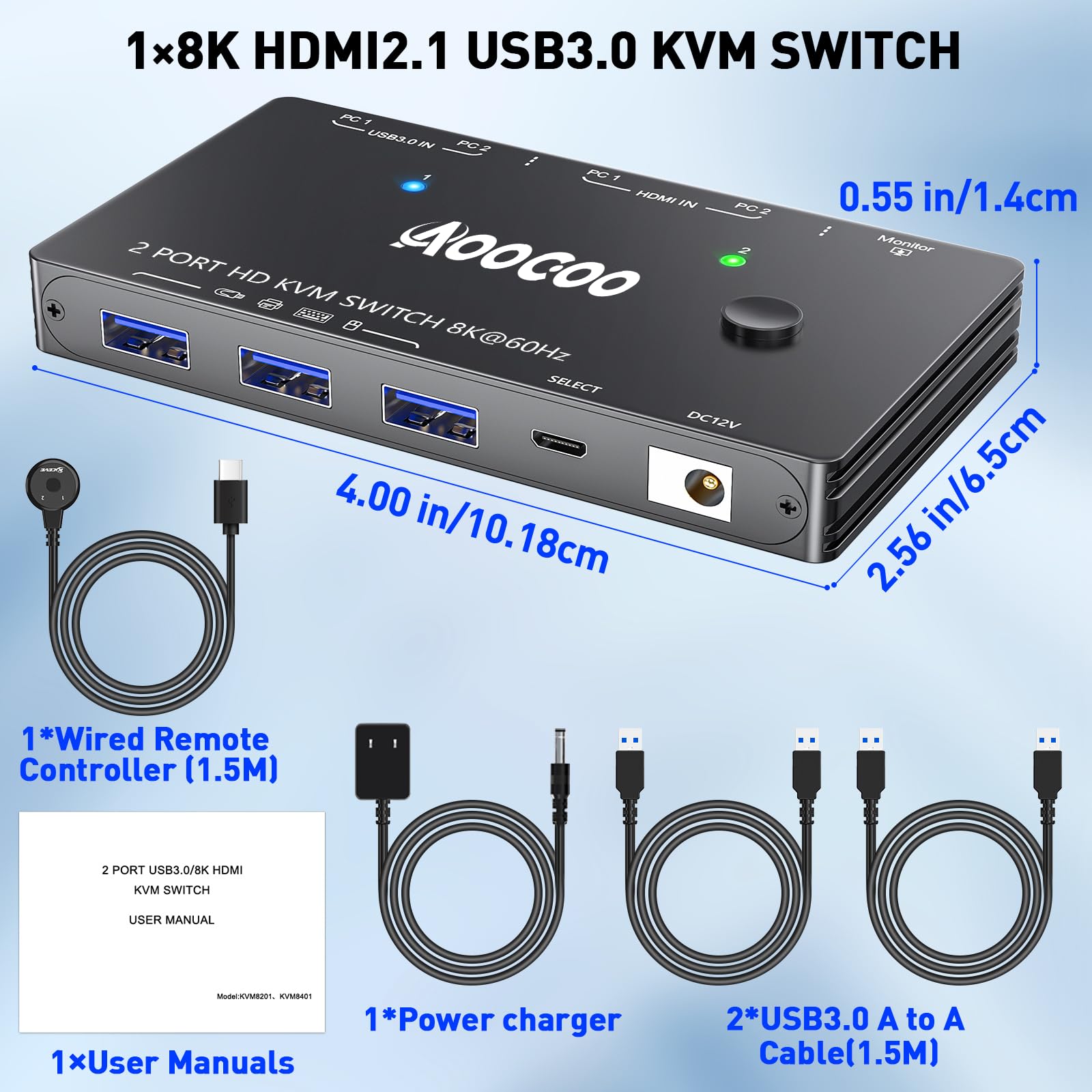 Commutateur KVM HDMI 2.1 8K à 60 Hz, commutateur KVM pour 2 PC et 1 écran avec port USB 3.0, télécommande filaire, câble USB 3.0 inclus
